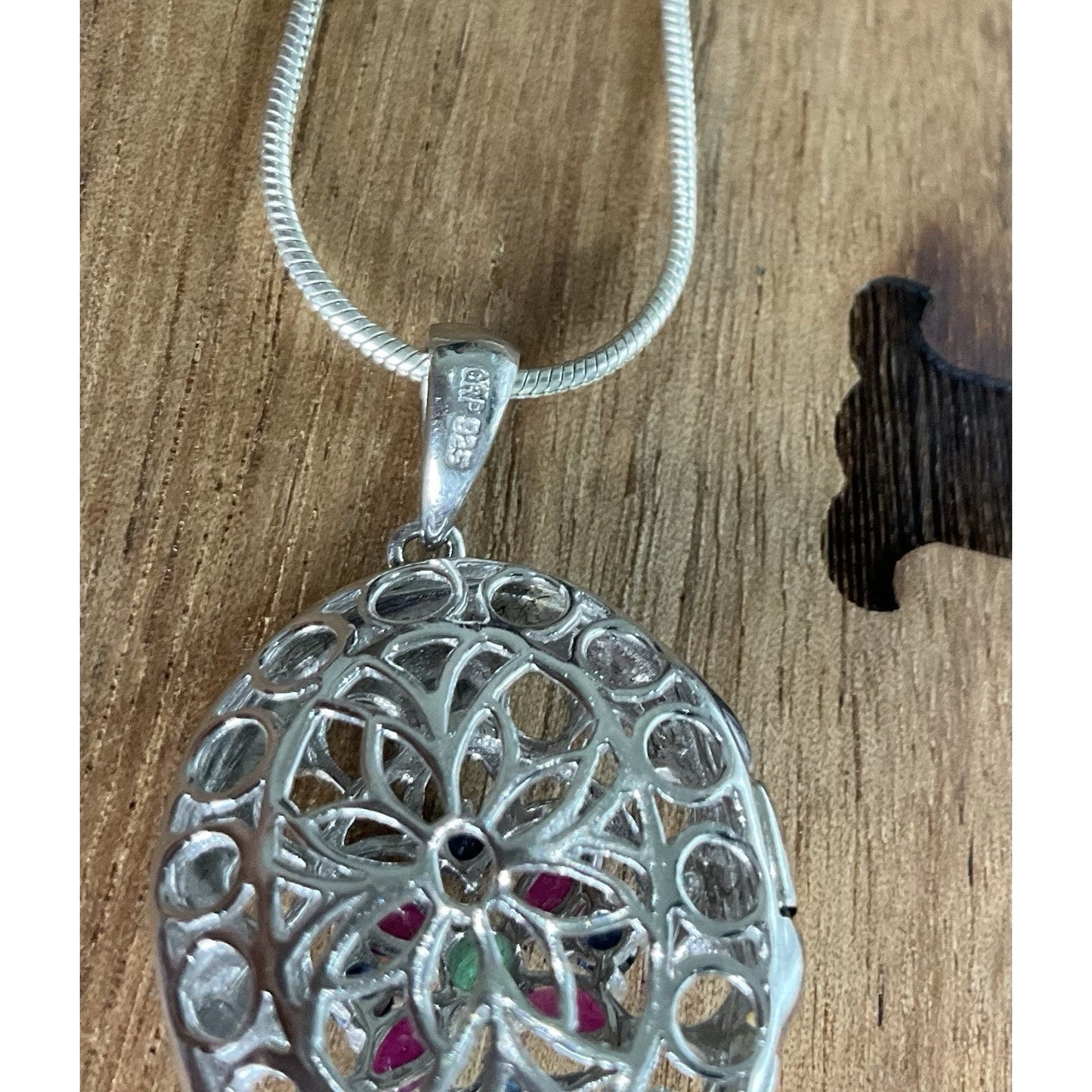 Vintage Sterling Silver Locket Necklace 925 Italy GRP Multi Stone