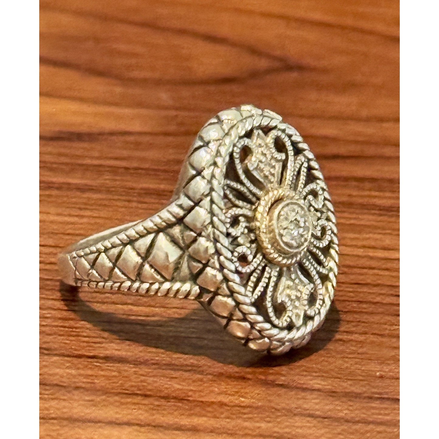 Vintage 925 Sterling Silver & 14K Gold Diamond Filigree Balinese Ring Size 7.5