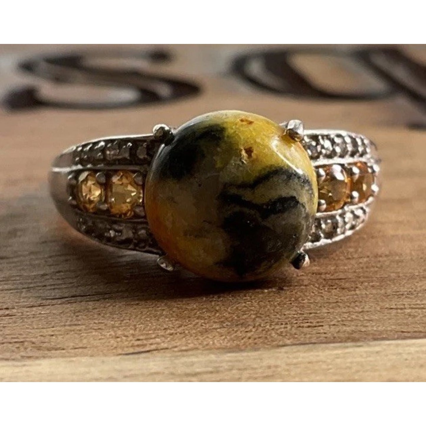 Vintage Bumblebee Jasper Yellow Green Cabochon Sterling Silver Ring Size 8.5