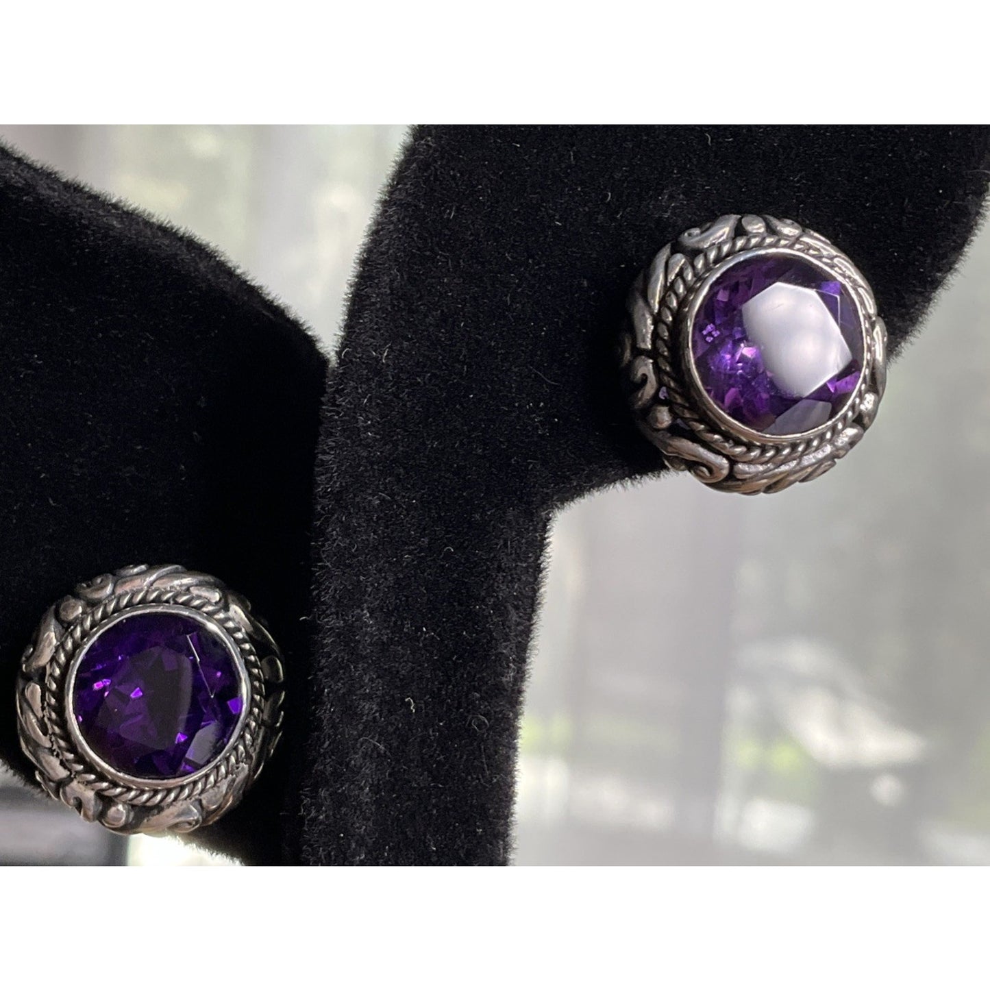 Vintage Sterling Silver Amethyst Purple Bali Stud Earrings