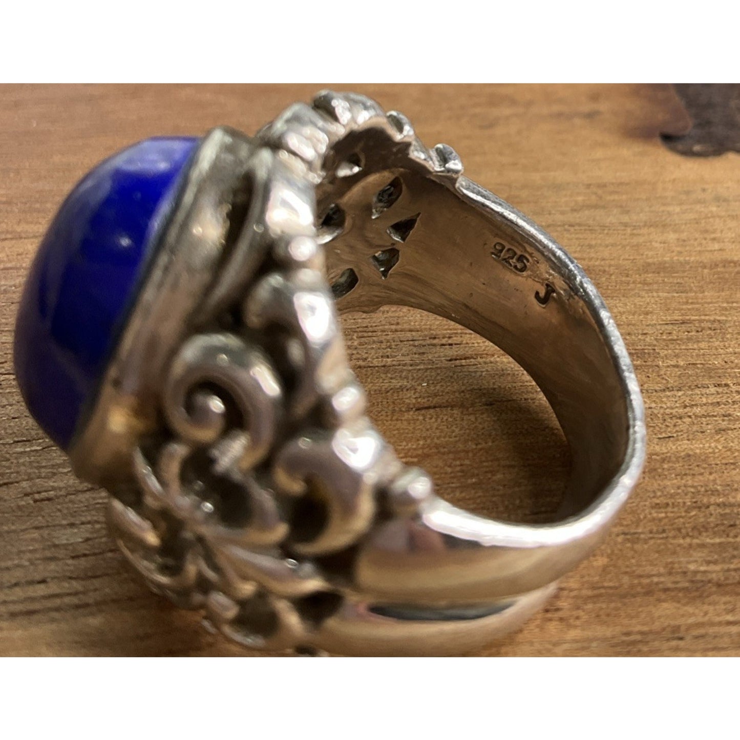 Vintage Lapis Lazuli Sterling Silver Ring Thailand J Filigree Statement Size 7.5