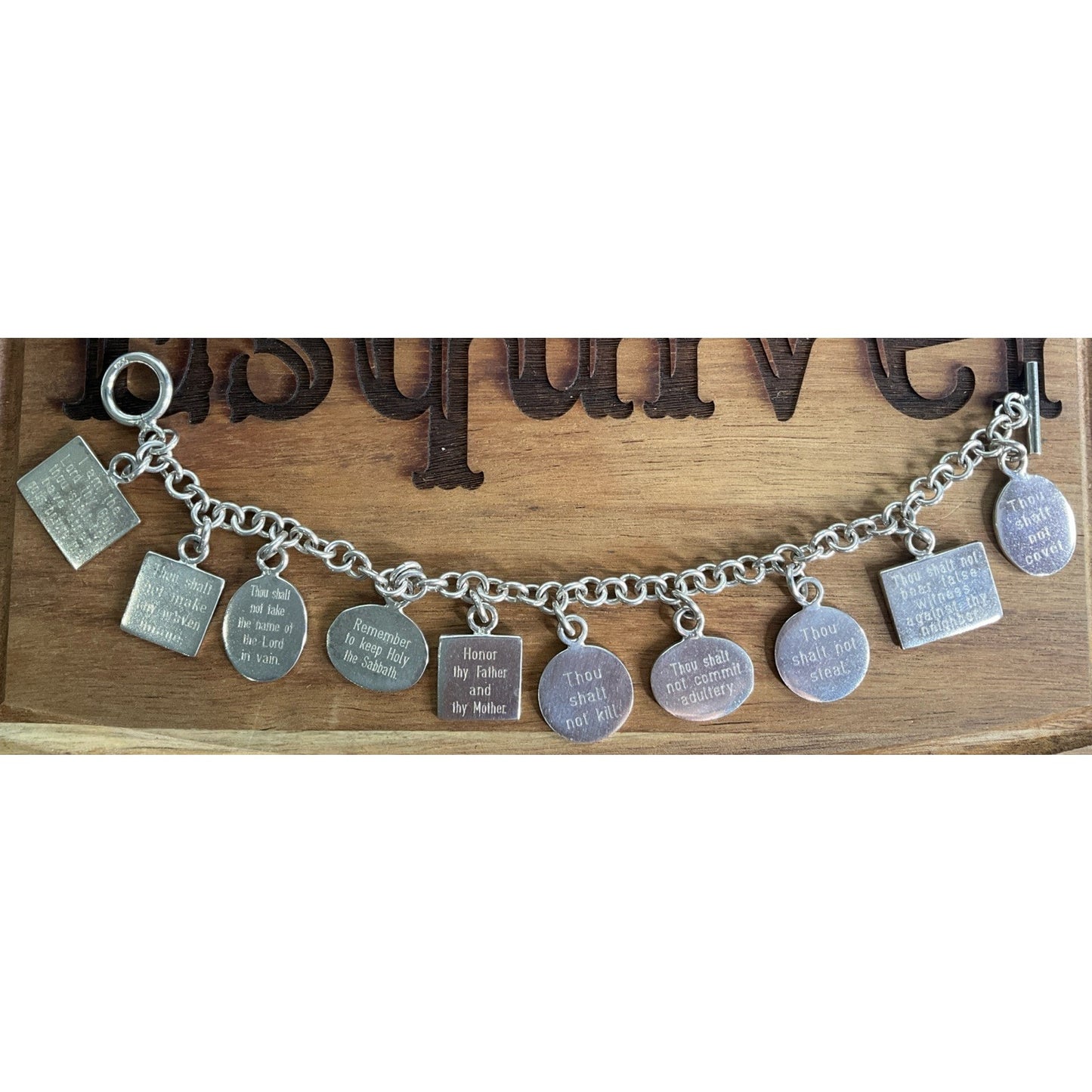 Vintage Sterling Silver Ten Commandments Charm Bracelet Religious 61g