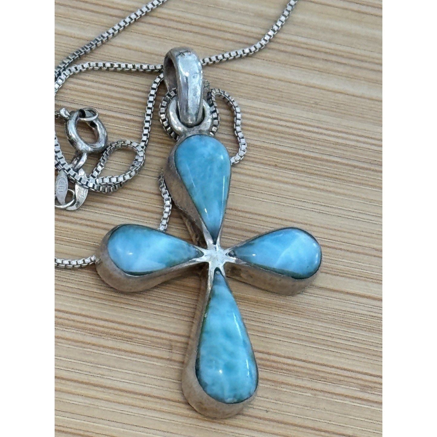 Vintage Larimar Sterling Silver 925 Cross Pendant Necklace 18” Southwestern
