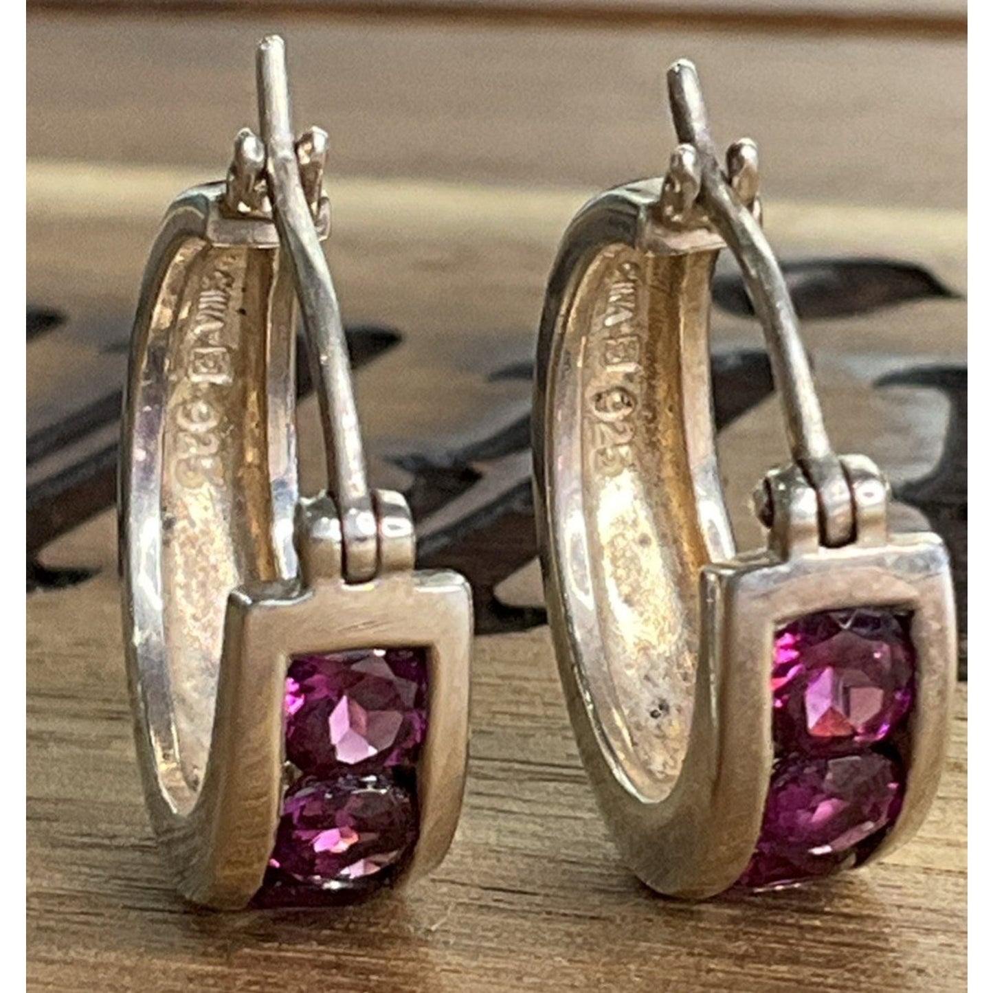 Vintage Sterling Silver Amethyst Purple gemstone Hoop Huggie Earrings