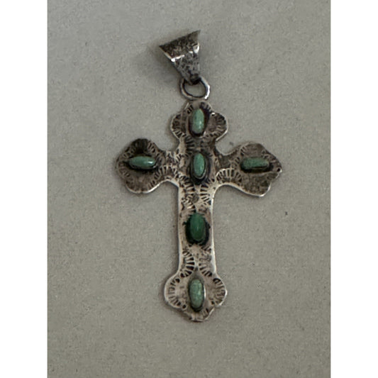 Vintage Mexican Sterling Silver Turquoise Cross Pendant 2.5 Boho Southwest Style