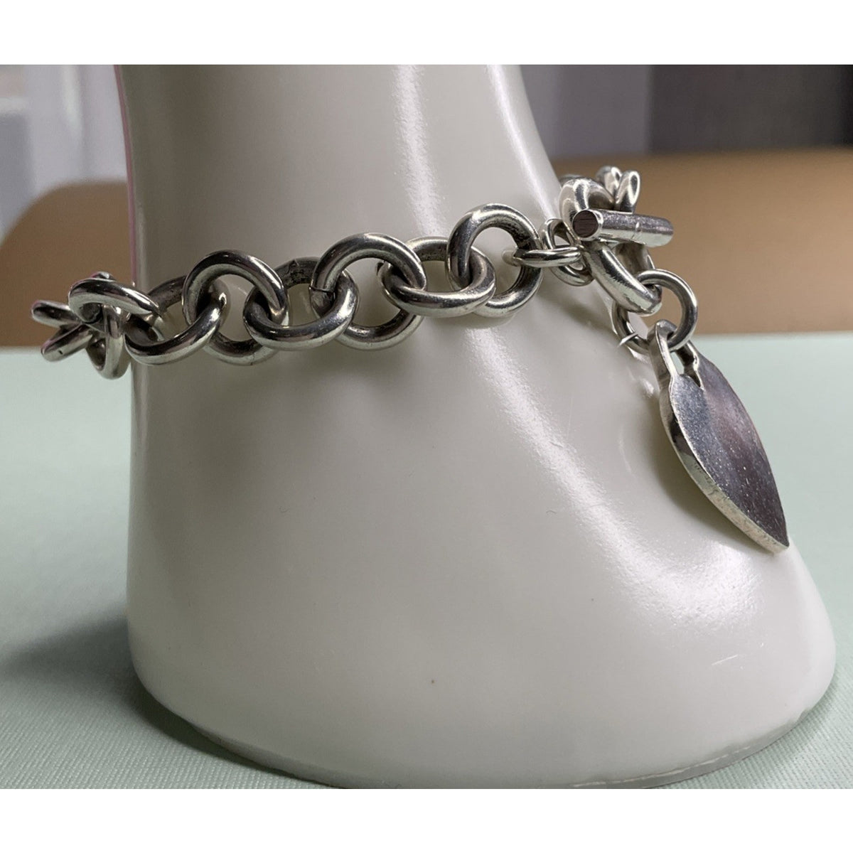 Vintage Sterling Silver Double Link Heart Charm Toggle Bracelet 40g