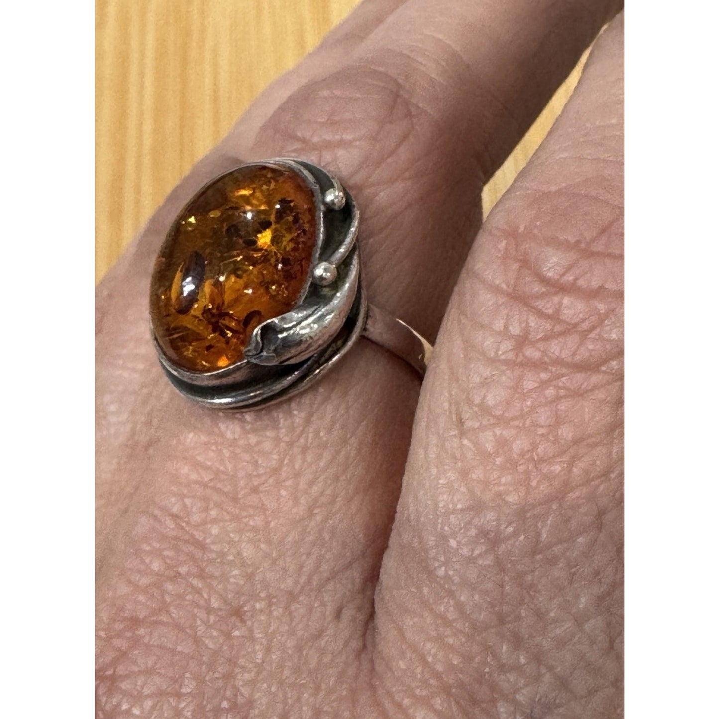 Vintage 925 Baltic Amber Cognac Sterling Silver Ring Size 7.5 Statement Ring
