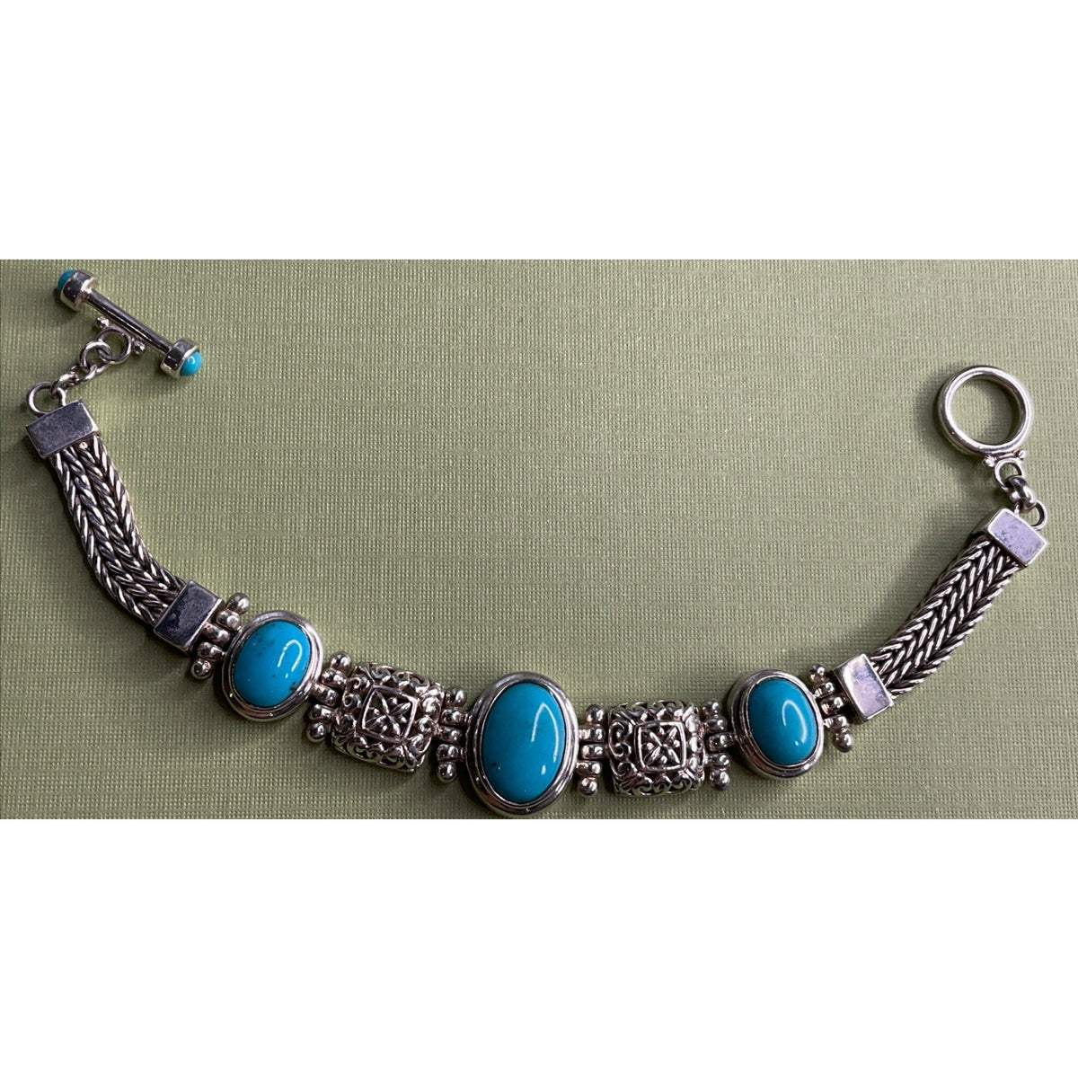 Vintage 925 Sterling Silver Turquoise Bracelet Ornate Filigree Woven Chain 30gr