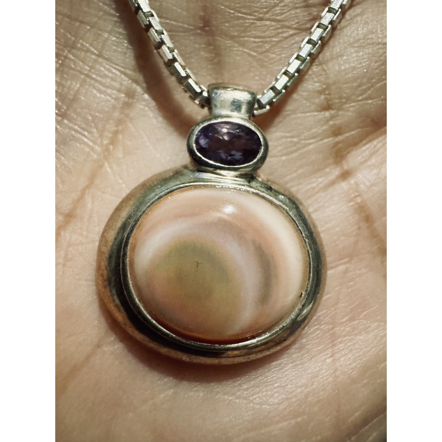 Vintage 925 Amethyst Mother Pearl With Necklace 7g FAS Italy Mirror Box Chain 16