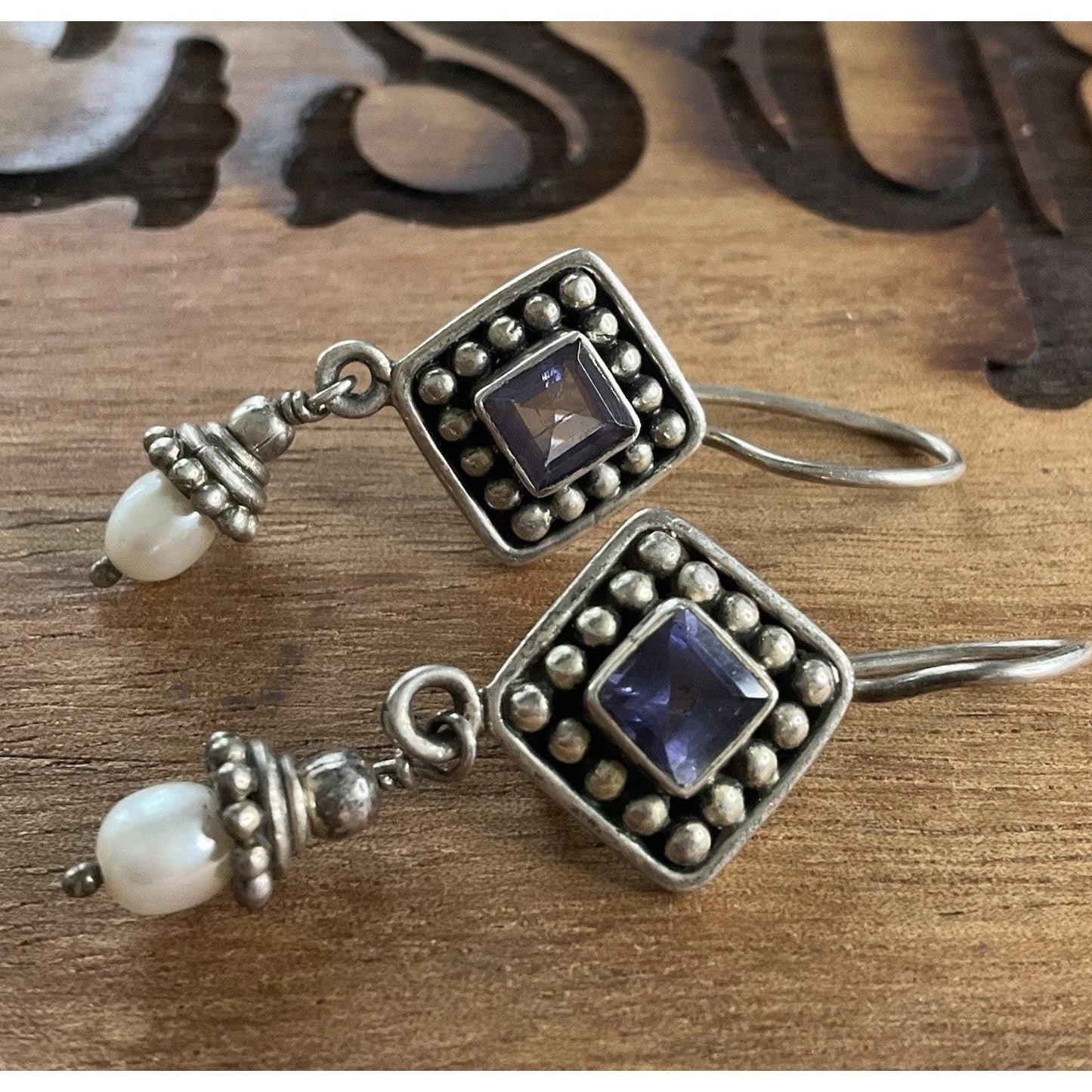 Sterling Silver Amethyst Pearl Dangle Earrings 925 Boho Artisan Drop