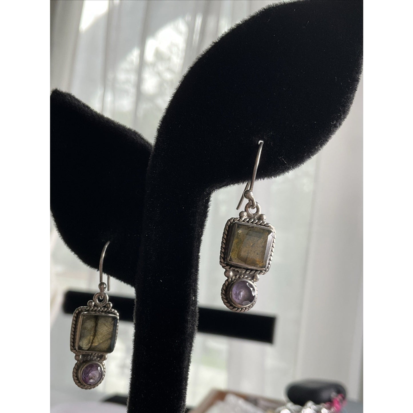 Sterling Silver Labradorite Amethyst Dangle Earrings 925 India