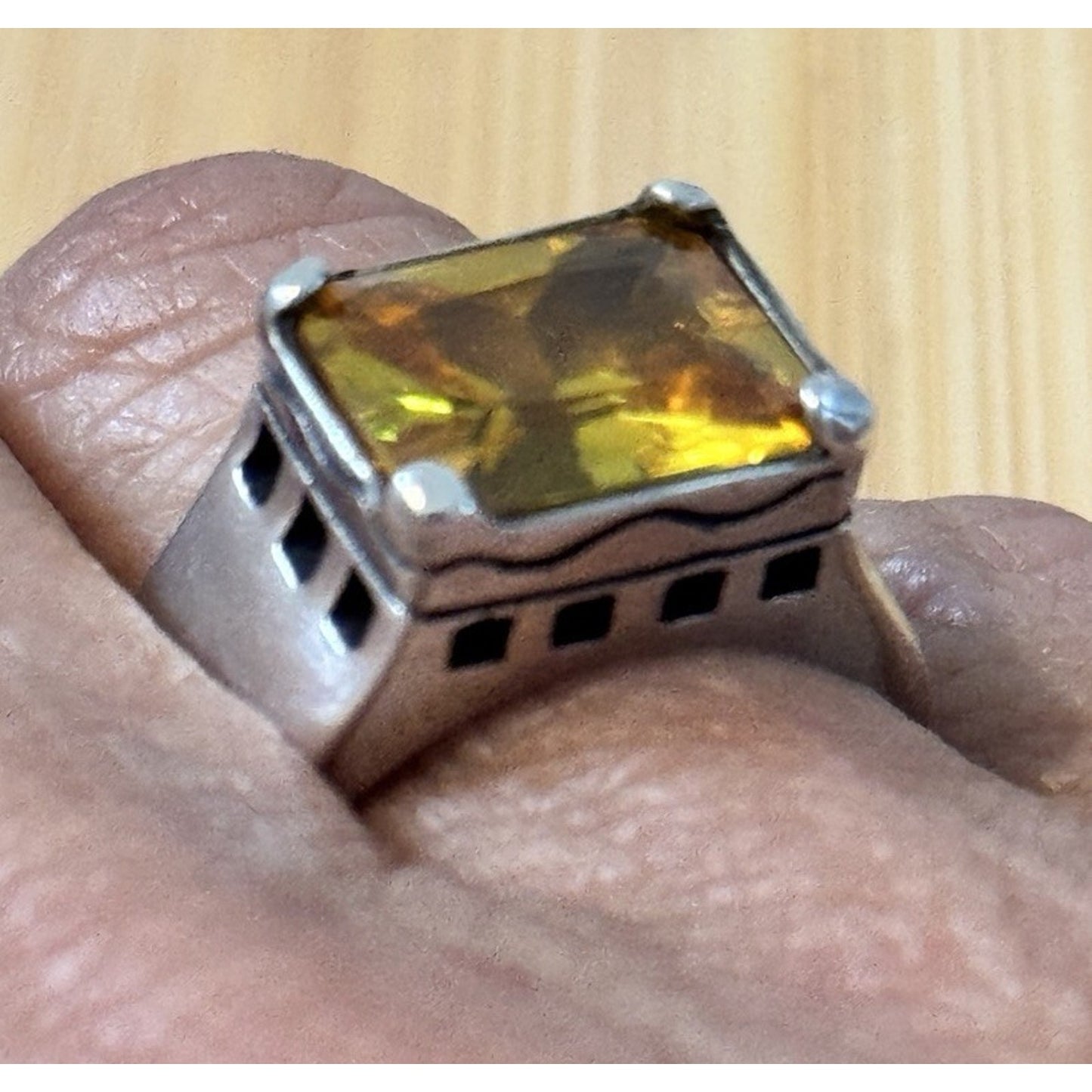 Vintage EX EX Sterling Silver 4-5 Carat Citrine Emerald Cut 925 Ring Size 8, 15g