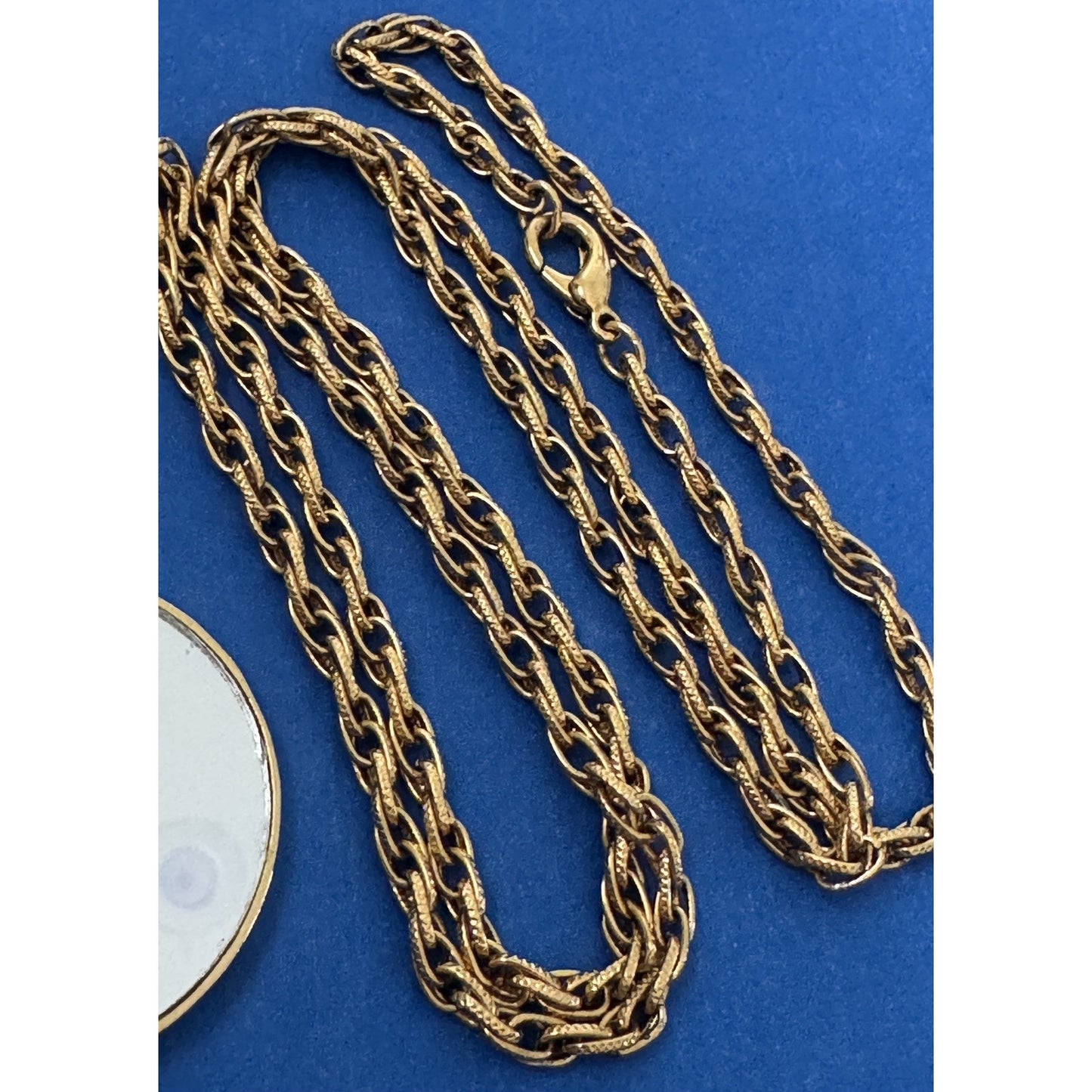 Vintage Gold Tone Hand Mirror Ornate Vanity Pendant 30” Gold Tone Necklace 1970s