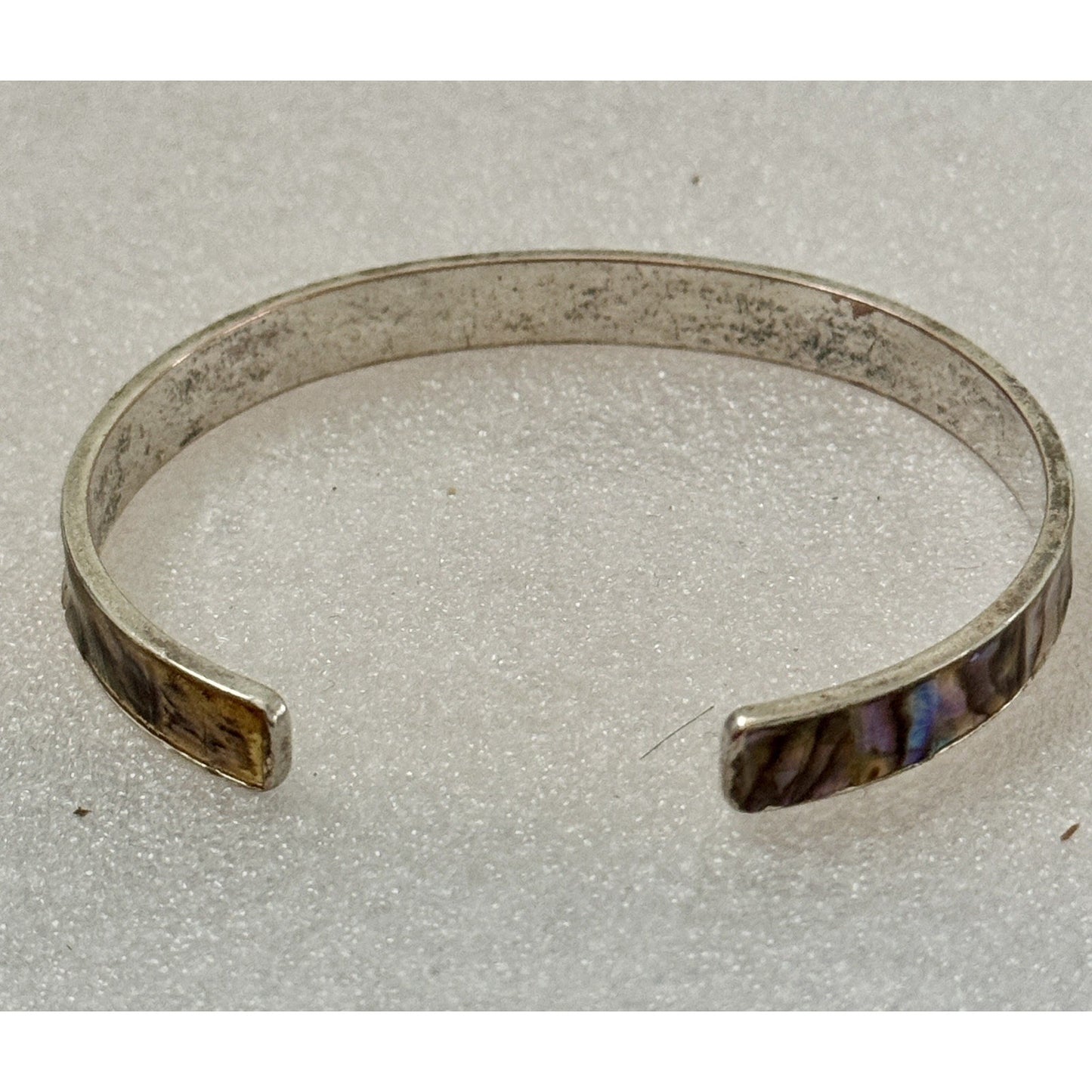 Vintage Abalone Shell Mosaic Inlay Silver Tone Cuff Bracelet 15g Adjustable