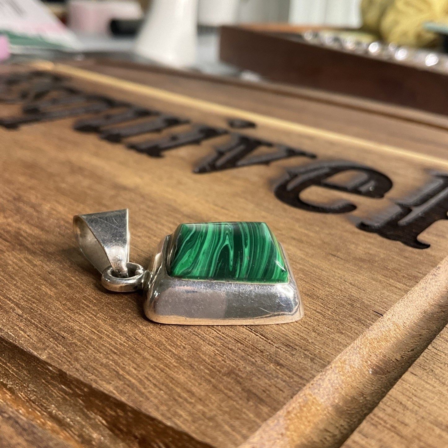Sterling Silver Green Malachite Square Pendants .925 Modernist Statement Jewerly