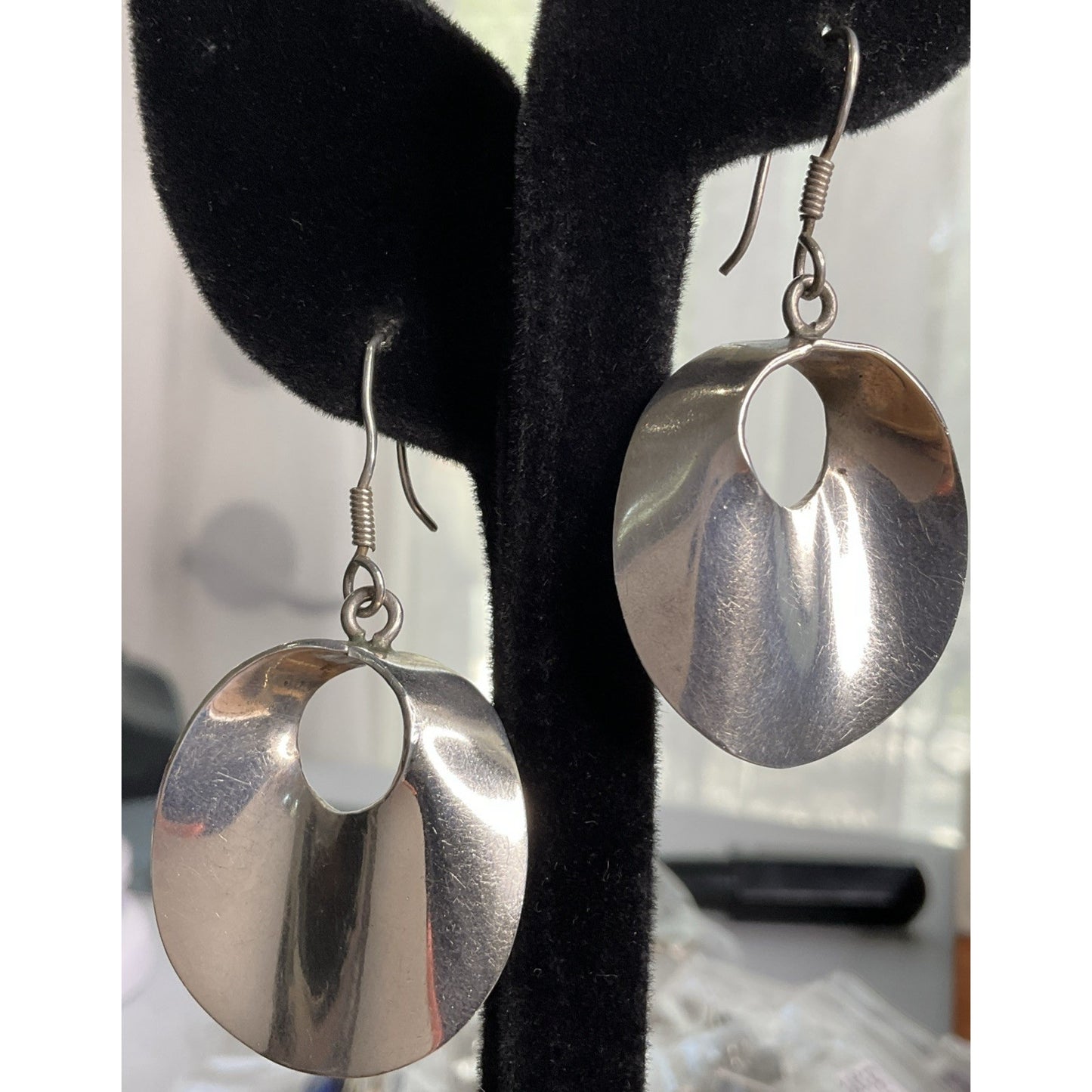 Vintage Taxco Sterling Silver Modernist Round Dangle Earrings TM-82 Taxco