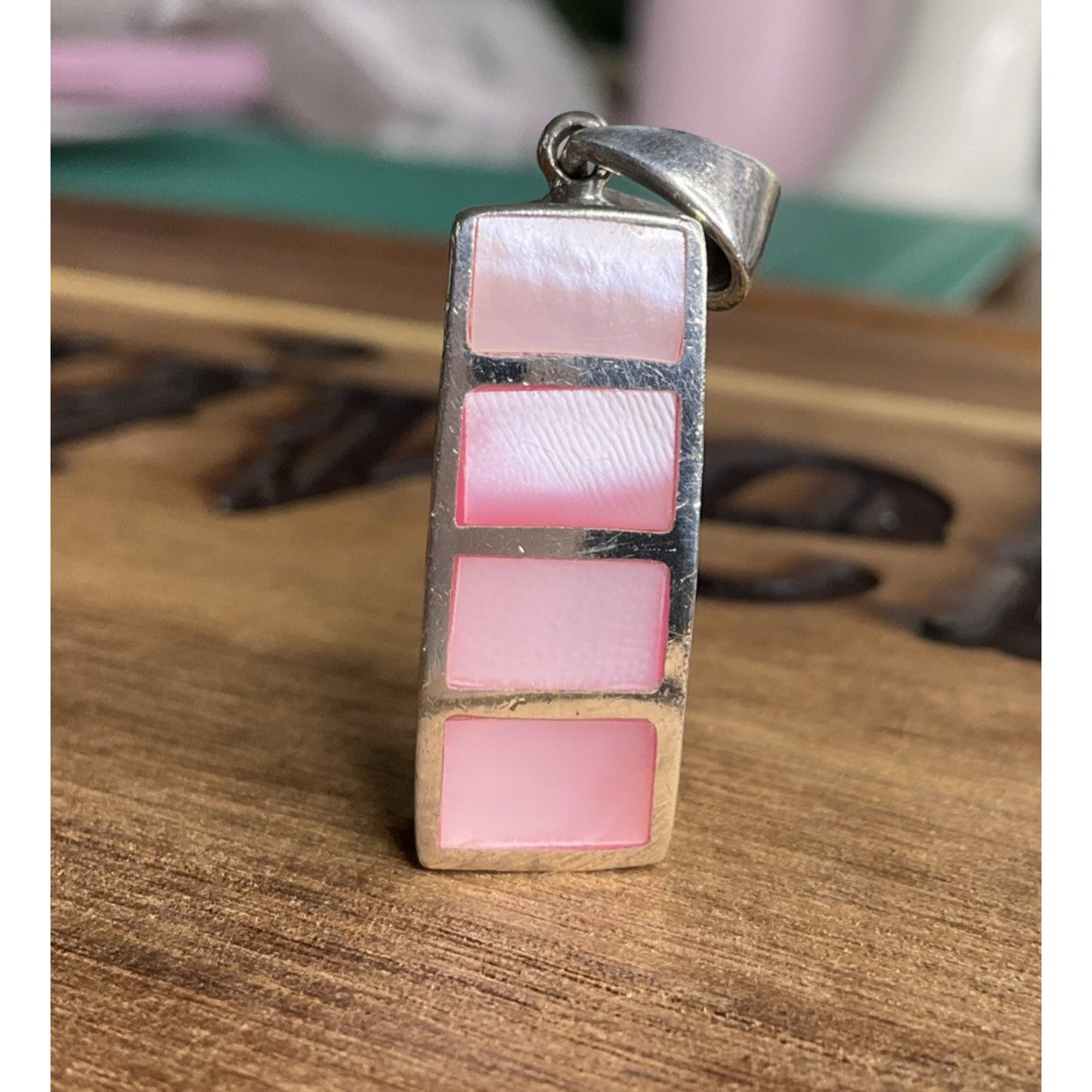 Vintage 925 Sterling Silver Pink Mother of Pearl Inlay Pendant Rectangular
