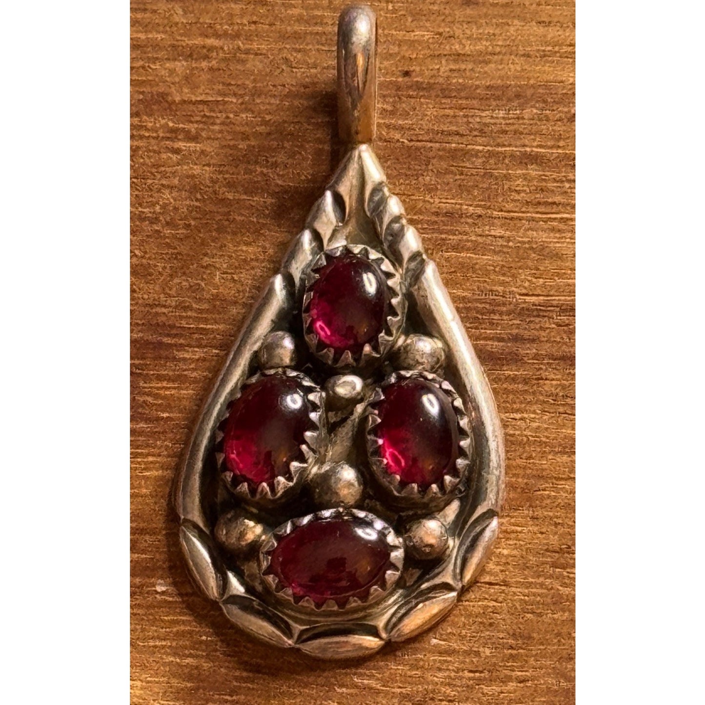 Vintage Sterling Silver Red Garnet Style Teardrop Cluster Pendant
