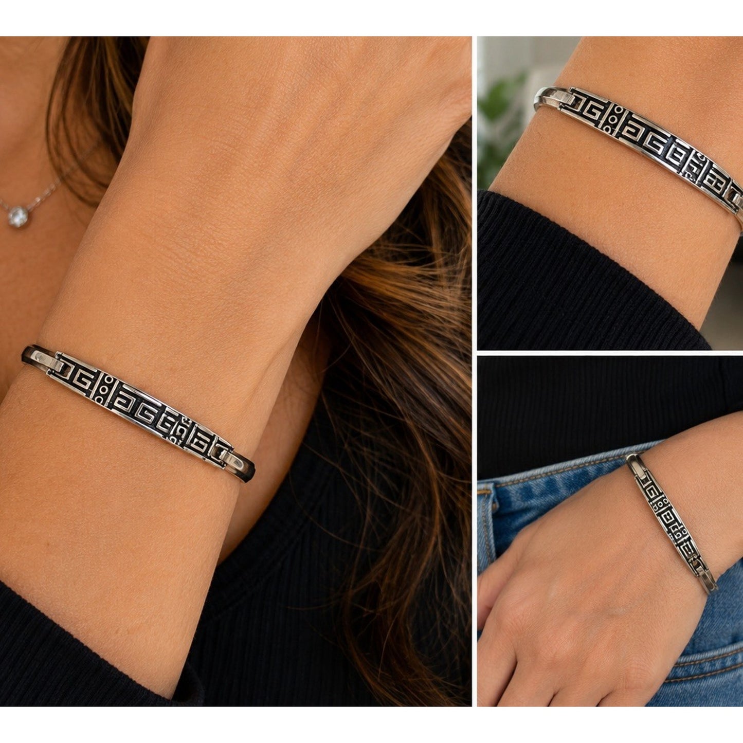 Vintage Mexico Sterling Silver Greek Key Hinged Bangle Bracelet 16g
