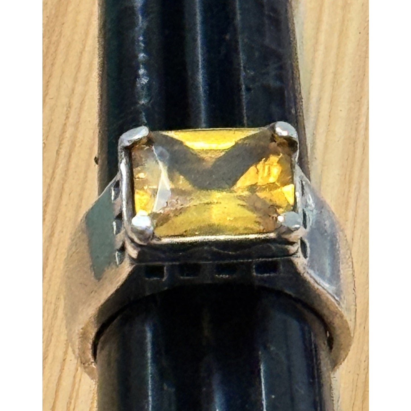 Vintage EX EX Sterling Silver 4-5 Carat Citrine Emerald Cut 925 Ring Size 8, 15g