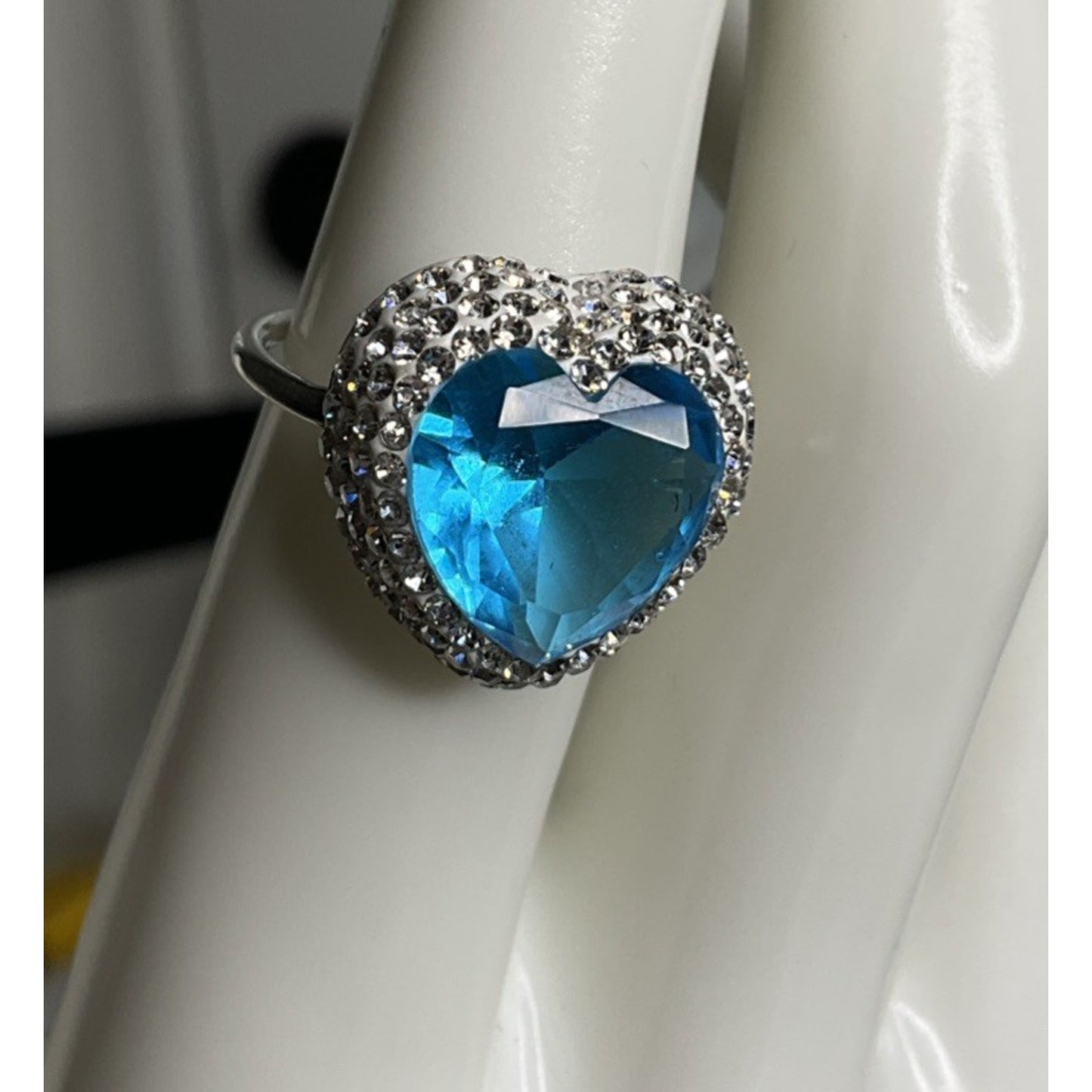 Sterling Silver Blue Heart Ring Adjustable Size 7 CZ Halo Romantic Gift Ring 925