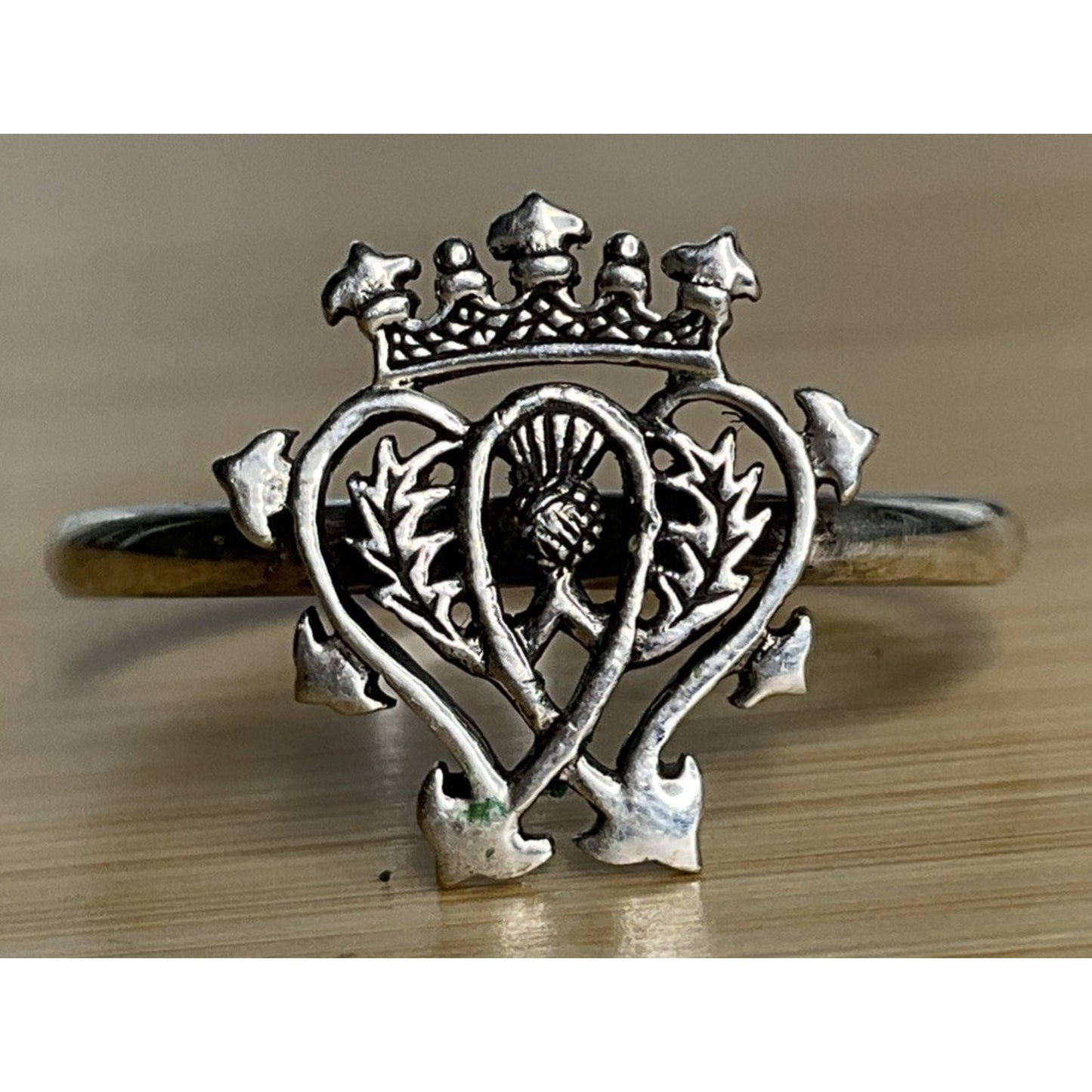 Vintage Sterling Silver Scottish Claddagh Ring Crown Heart Thistle Size 9