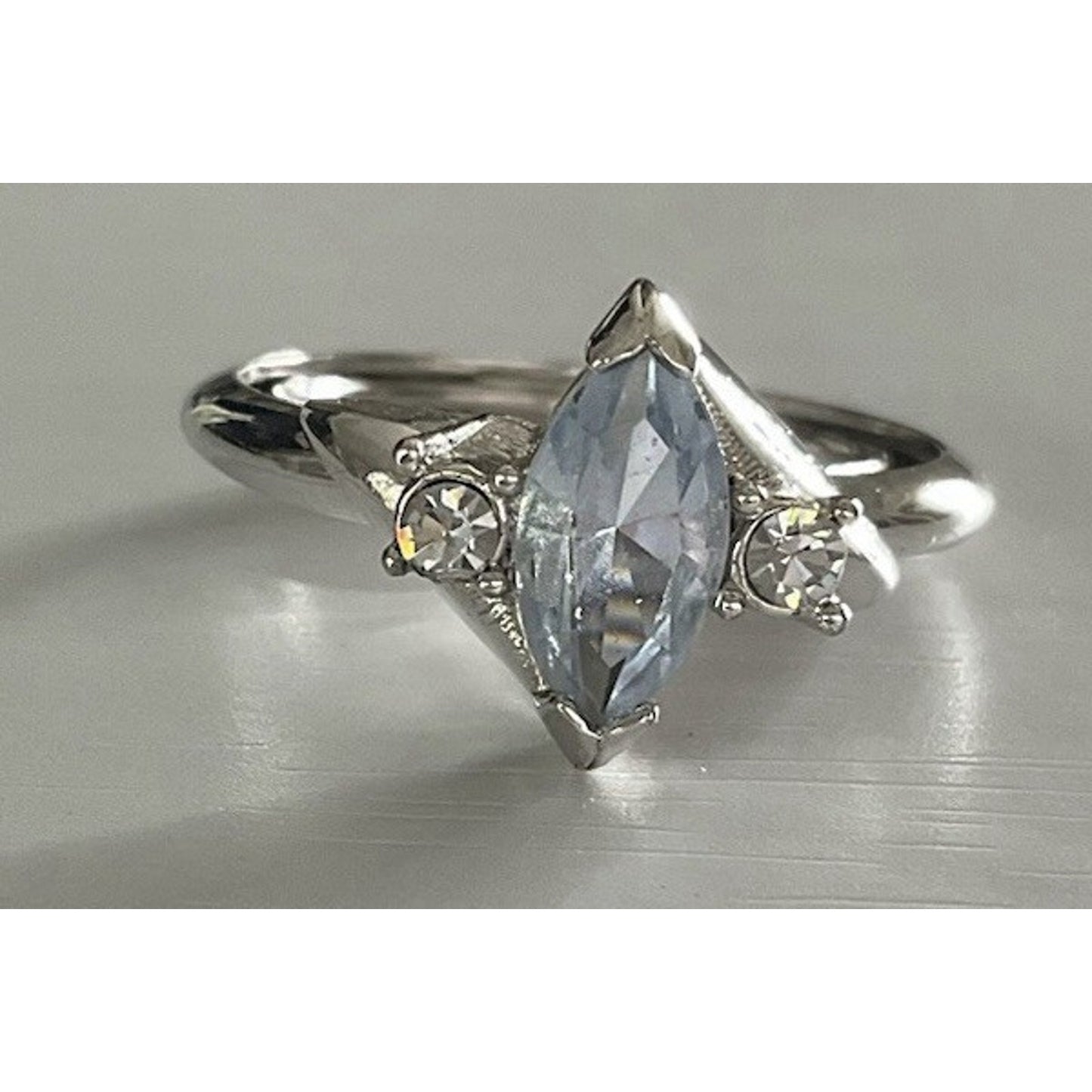 Vintage Sterling Silver 925 Blue Topaz Marquise Ring w CZ Accents Size 8.5