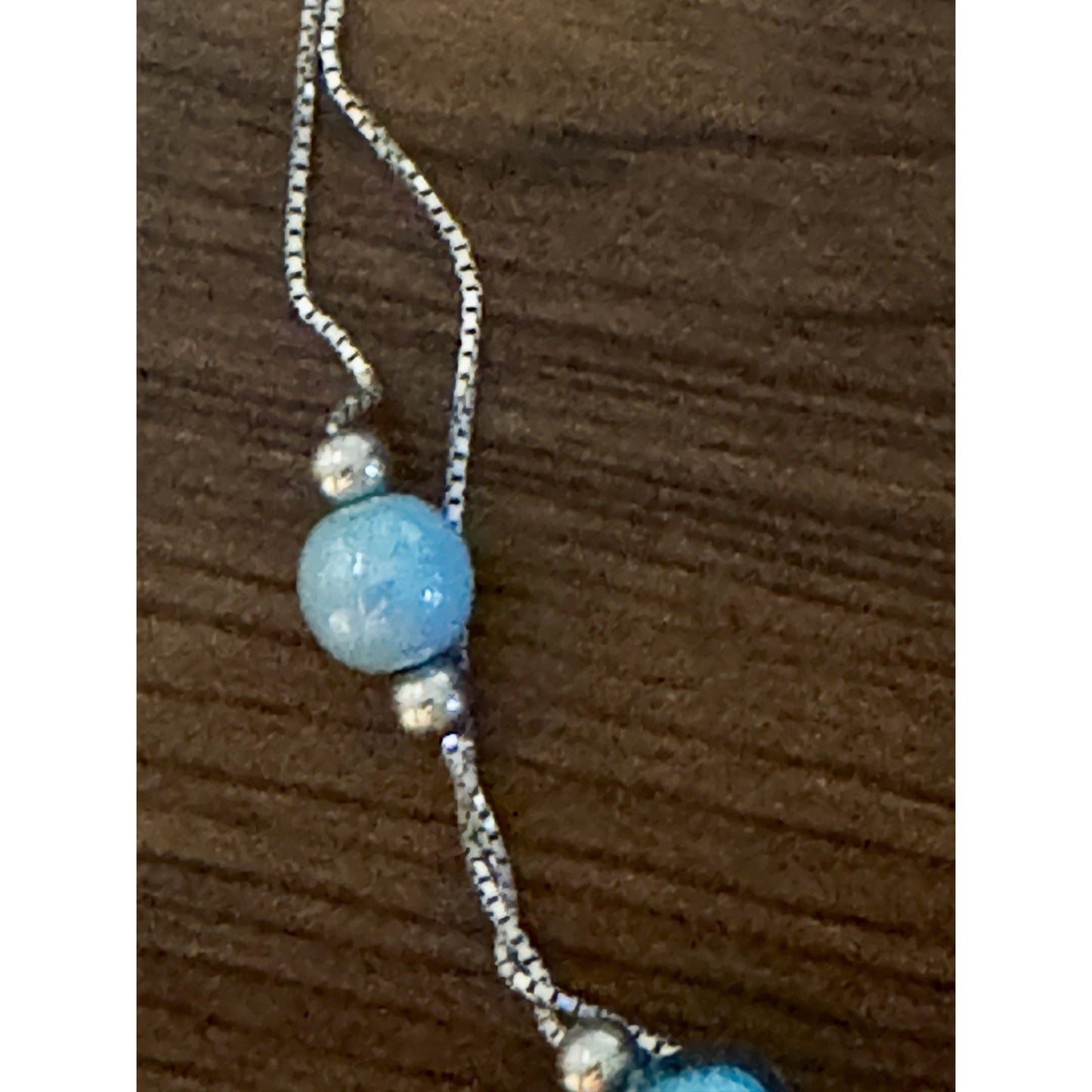925 Sterling Silver Double Strand Bracelet Blue Glass & Crackle Glass Beads 7”