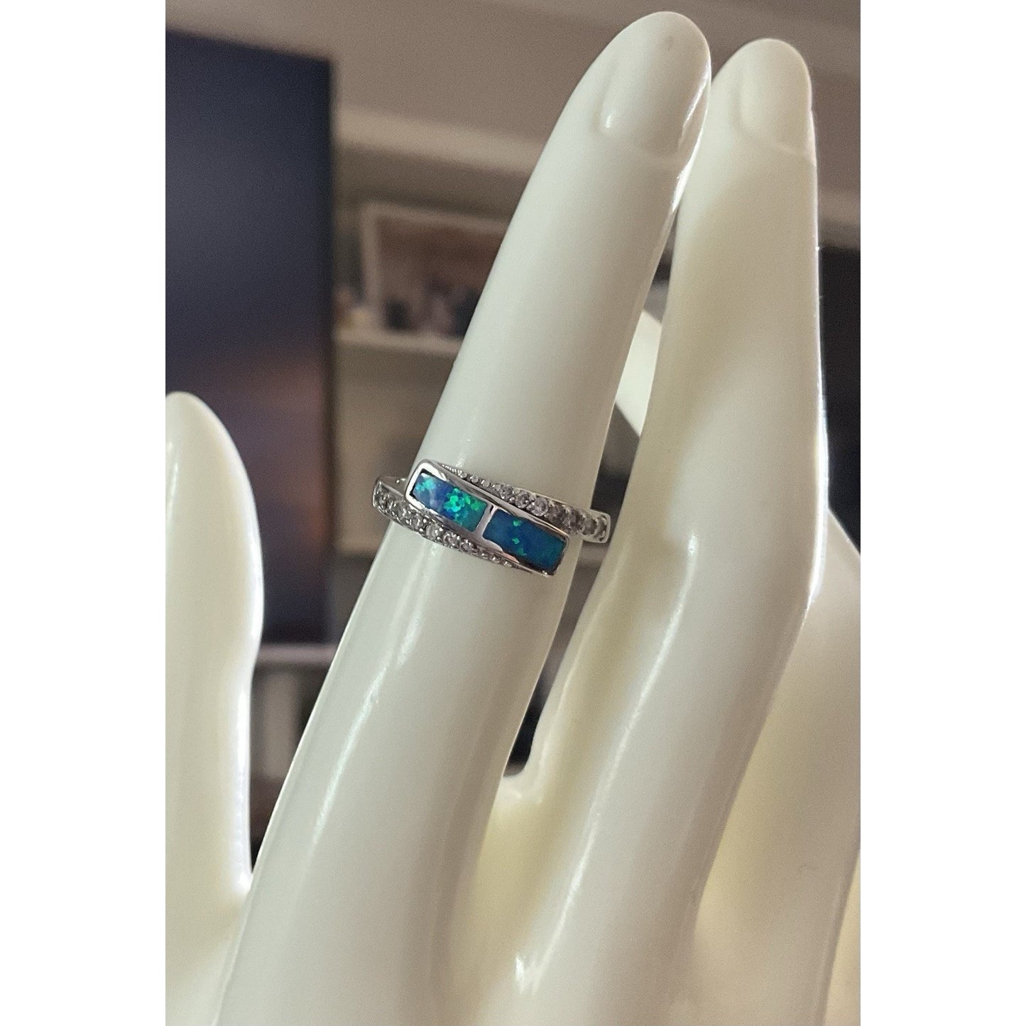 Sterling Silver Blue Opal Inlay Ring Size 6 CZ Accent Wrap Ring