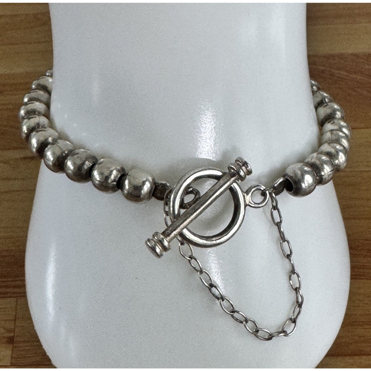 Vintage Sterling Silver Navajo Pearl Style Bead Bracelet 7.25” Toggle Clasp 17g