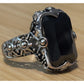 Vintage 18K GE Black Faceted Stone Cocktail Ring Gothic Victorian Revival Sz 8.5