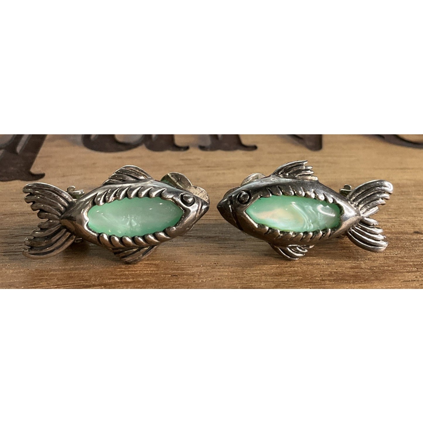 Vintage Sterling Silver Fish Coastal Clip On Earrings Aqua Green Gemstones 10g