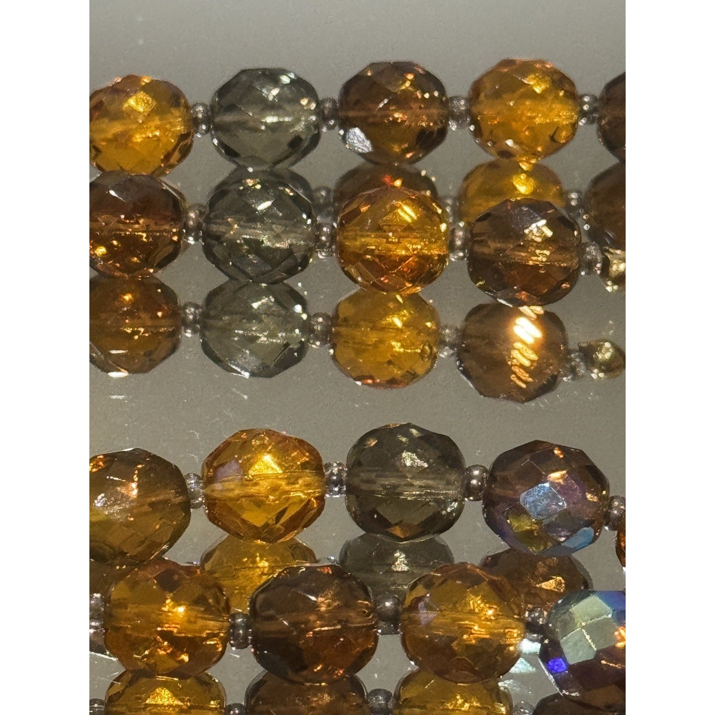 Vintage Signed Joan Rivers Amber Gray Smoky Glass & AB Crystal Bead 32” Necklace