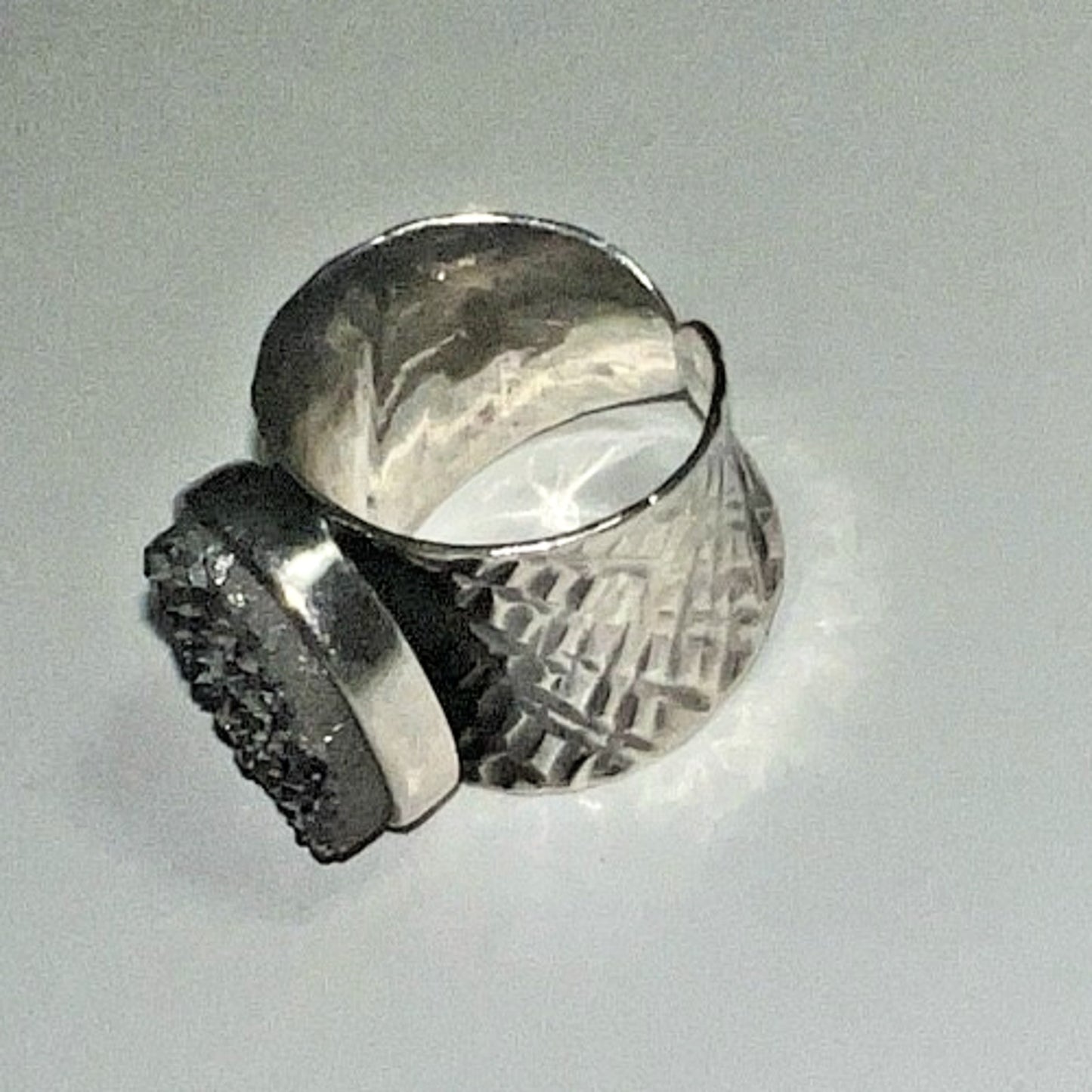 CFJ Sterling Silver Ring with Black Druzy Quartz Stone Adjustable Size 7