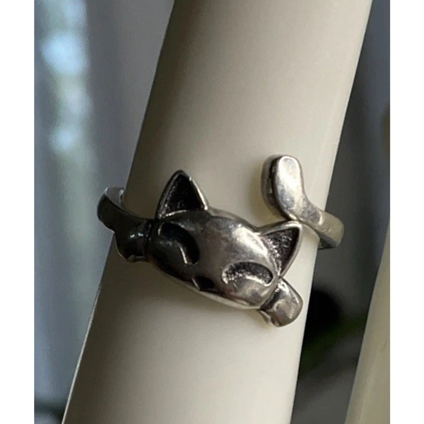Vintage Sterling Silver Cat Ring 925 Sleeping Kitty Ring Size 4.5 Animal Jewelry