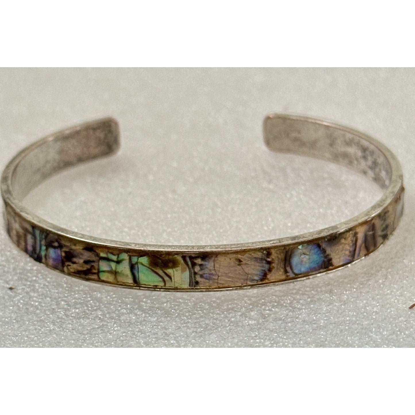 Vintage Abalone Shell Mosaic Inlay Silver Tone Cuff Bracelet 15g Adjustable
