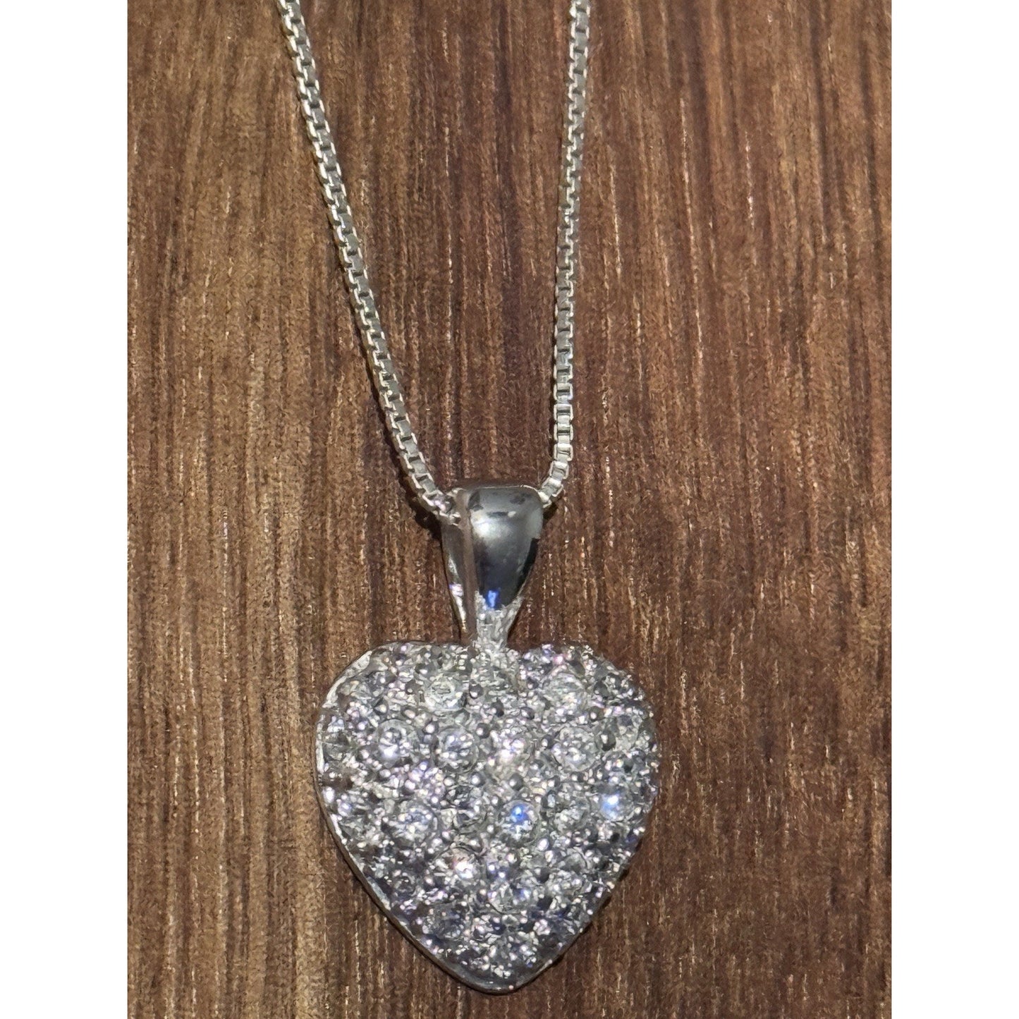 Sterling Silver Pavé Masonite Diamond Heart Pendant & 925 Box Necklace 18”