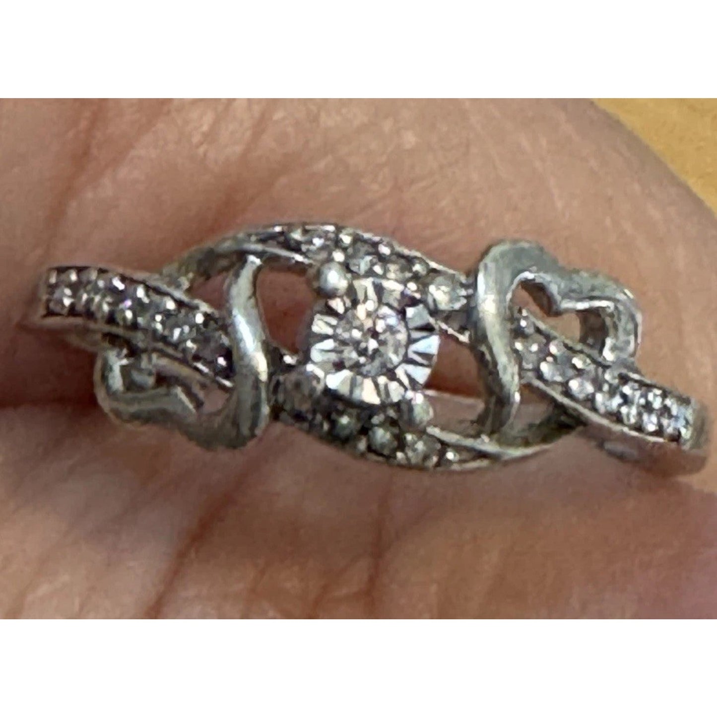 Vintage Sterling Silver Diamond Accent Sweetheart Double Heart Bypass Ring 6.5