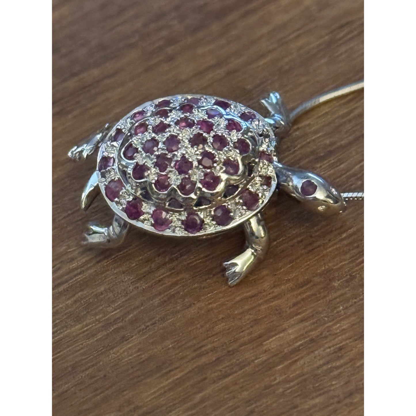 VINTAGE Chapal Zenray Rubies Sterling 925 TURTLE brooch / Pendant w/Necklace 22g