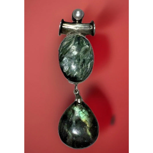 Vintage Sterling Silver Seraphinite Pearl & Obsidian Pendant Modernist 3” 18g