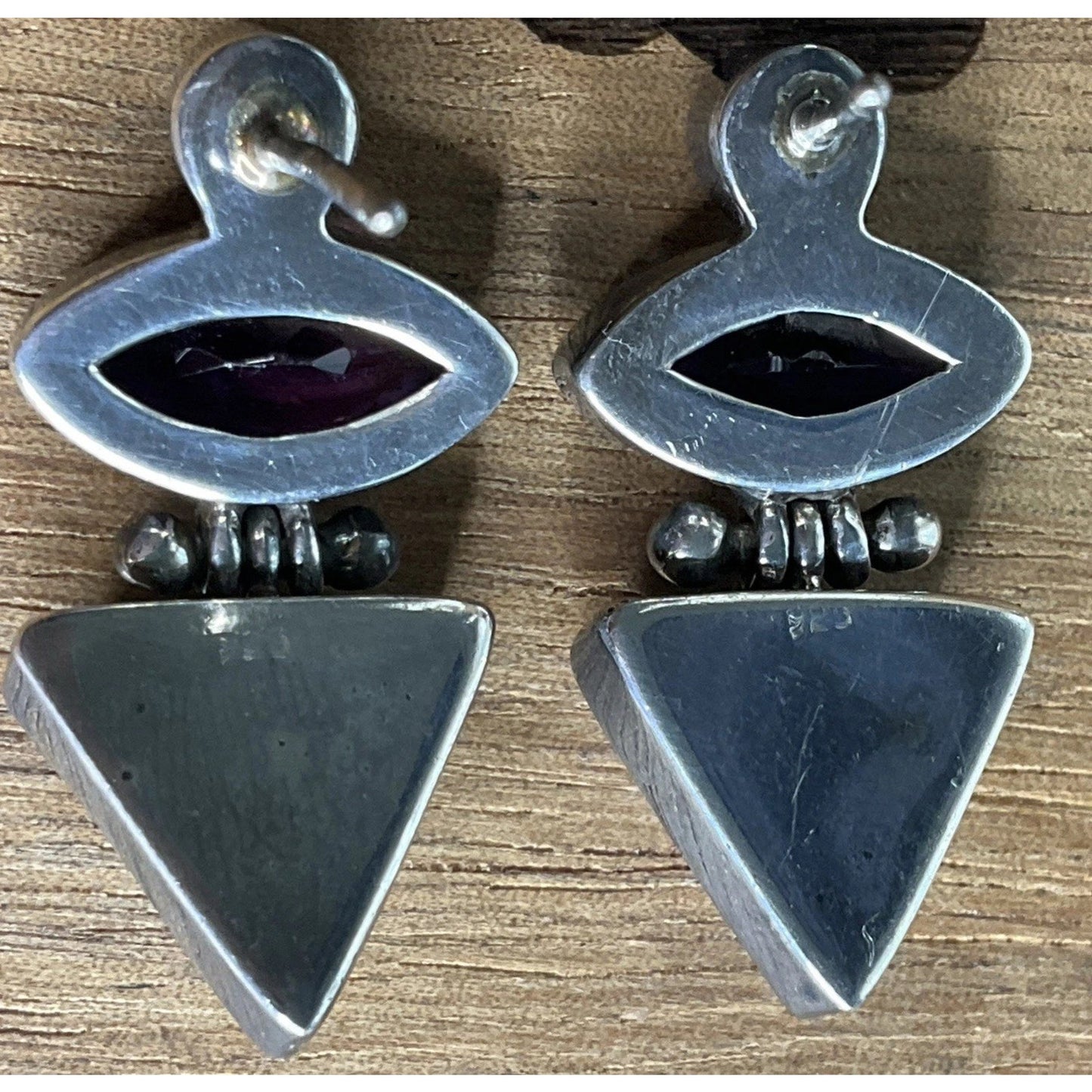 Vintage Sterling Silver Amethyst And Lapis Lazuli Modernist Dangle Drop Earrings