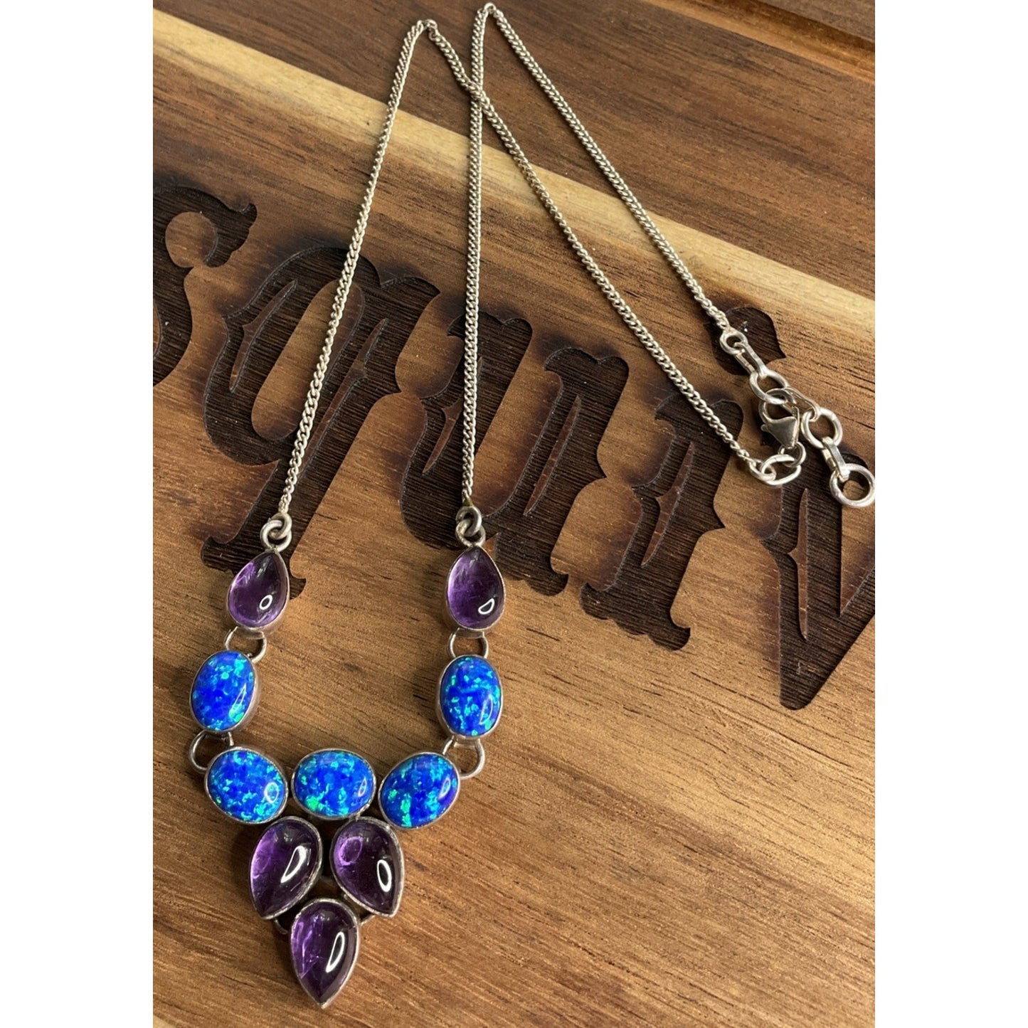 Sterling Silver Blue Opal Amethyst Necklace Statement 925