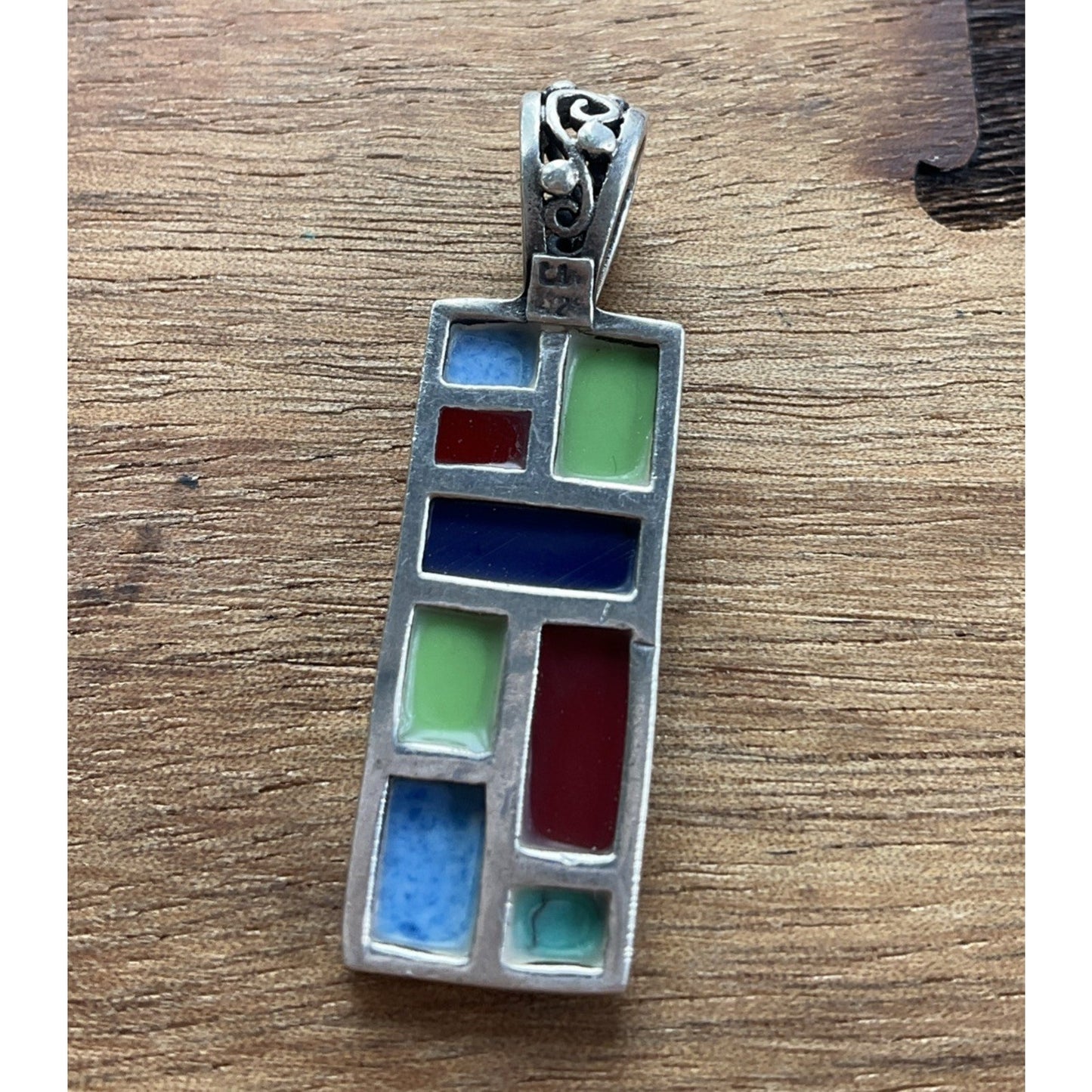 Modernist 925 Sterling Silver Multi-Stone Inlay Pendant Geometric Mosaic