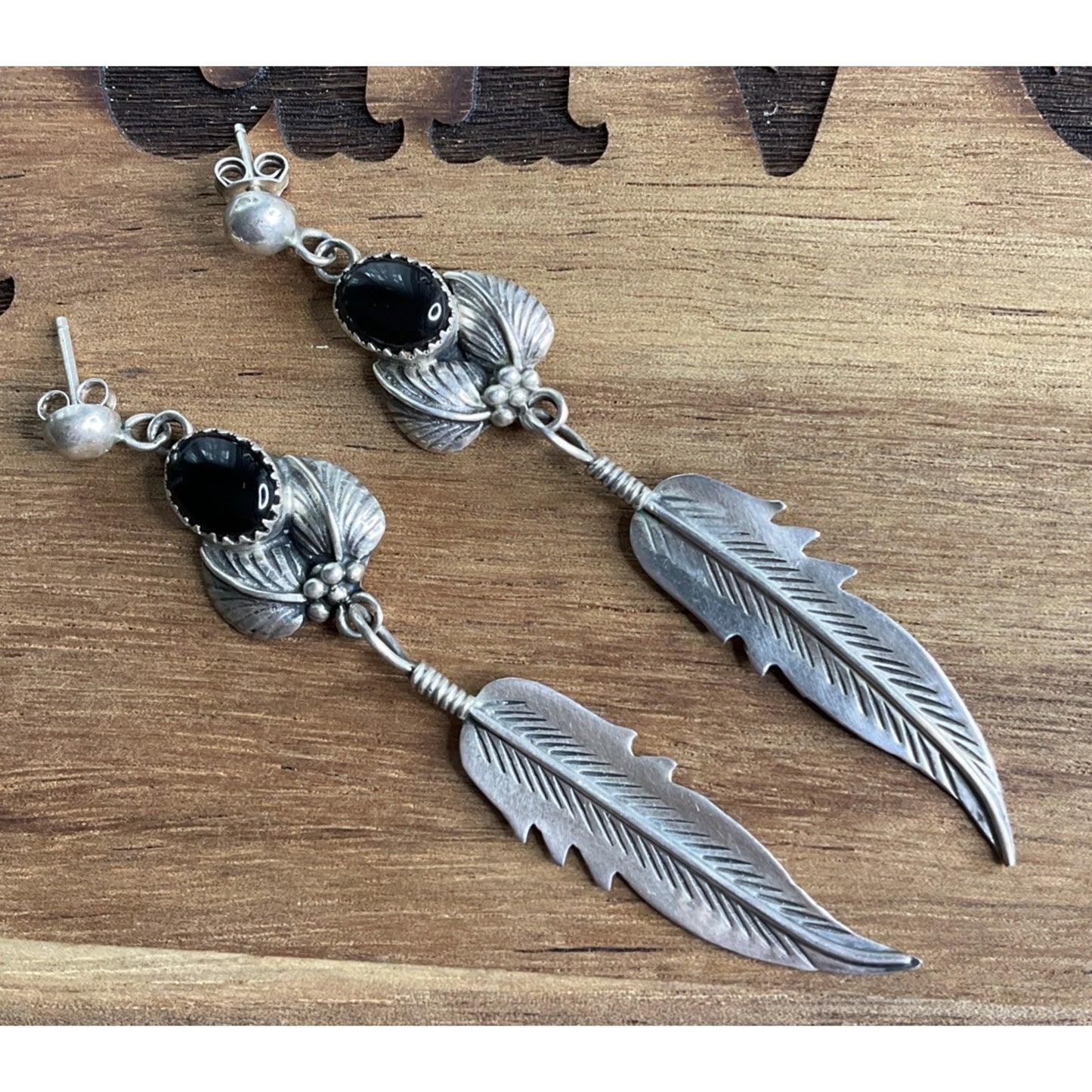 Lorena Sterling Silver Black Onyx Feather Dangle Earrings Southwestern Boho Drop
