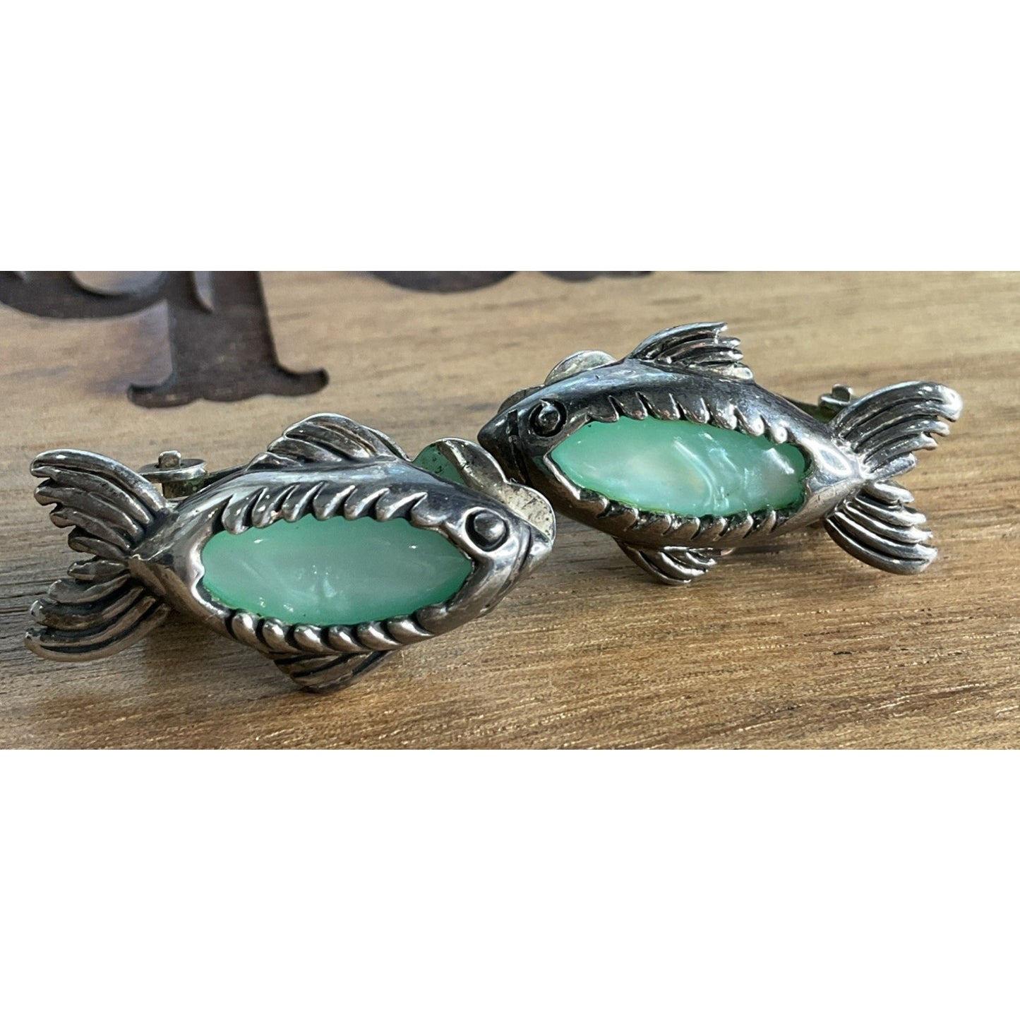 Vintage Sterling Silver Fish Coastal Clip On Earrings Aqua Green Gemstones 10g
