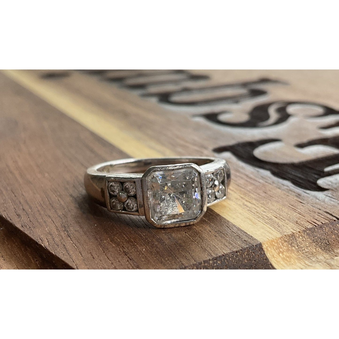 TM 925 Sterling Silver Square CZ Ring Size 7.5 Vintage Style Engagement Ring