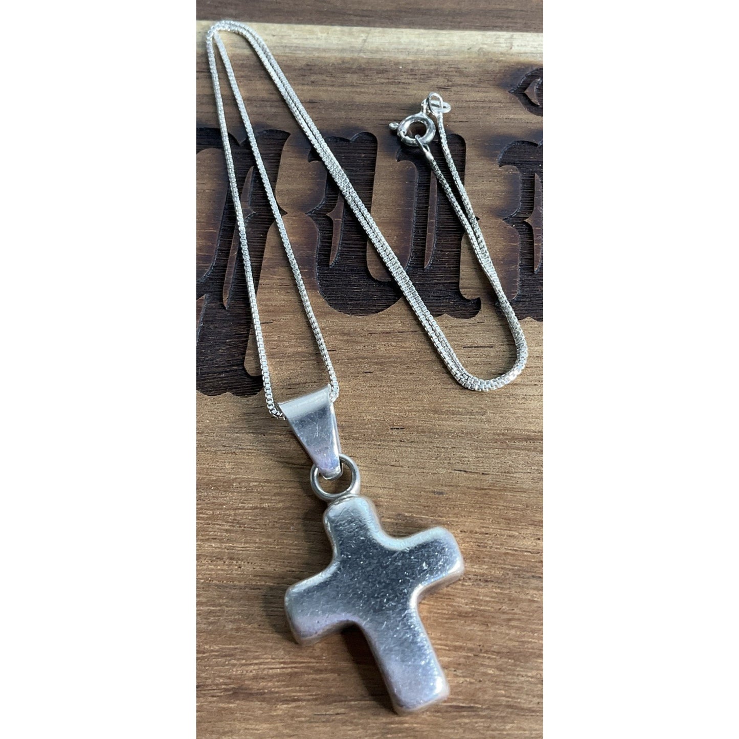 Vintage Sterling Silver Puffy Cross Pendant Necklace Rounded Cross