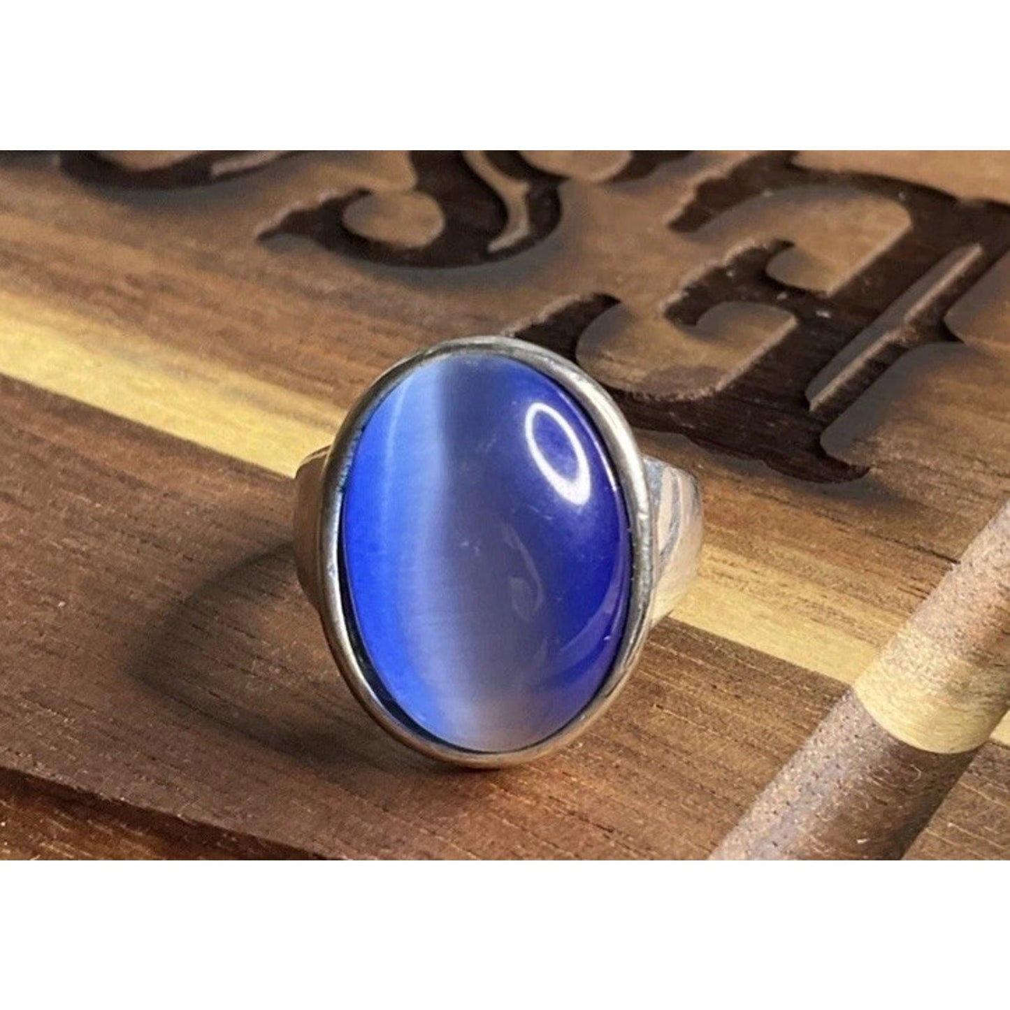 Vintage Large Blue Cabochon Cats Eye Statement Ring 925 Sterling Silver Size 8