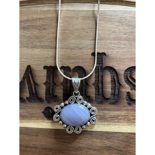 Vintage Mexico 925 Sterling Blue Banded Agate Pendant Necklace Ornate Scroll