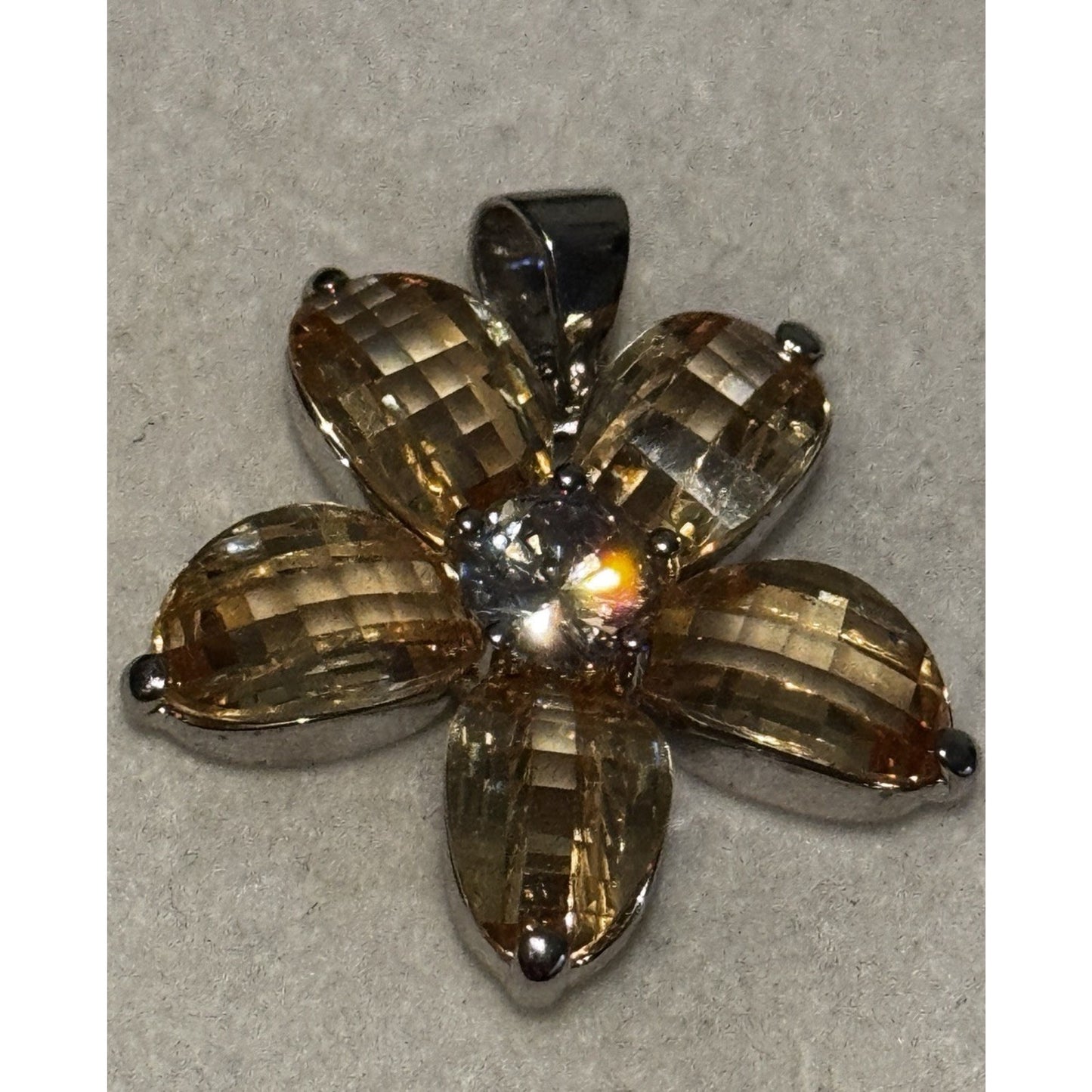 Vintage Sterling Silver Citrine Flower Pendant White Topaz Gem 925 11g